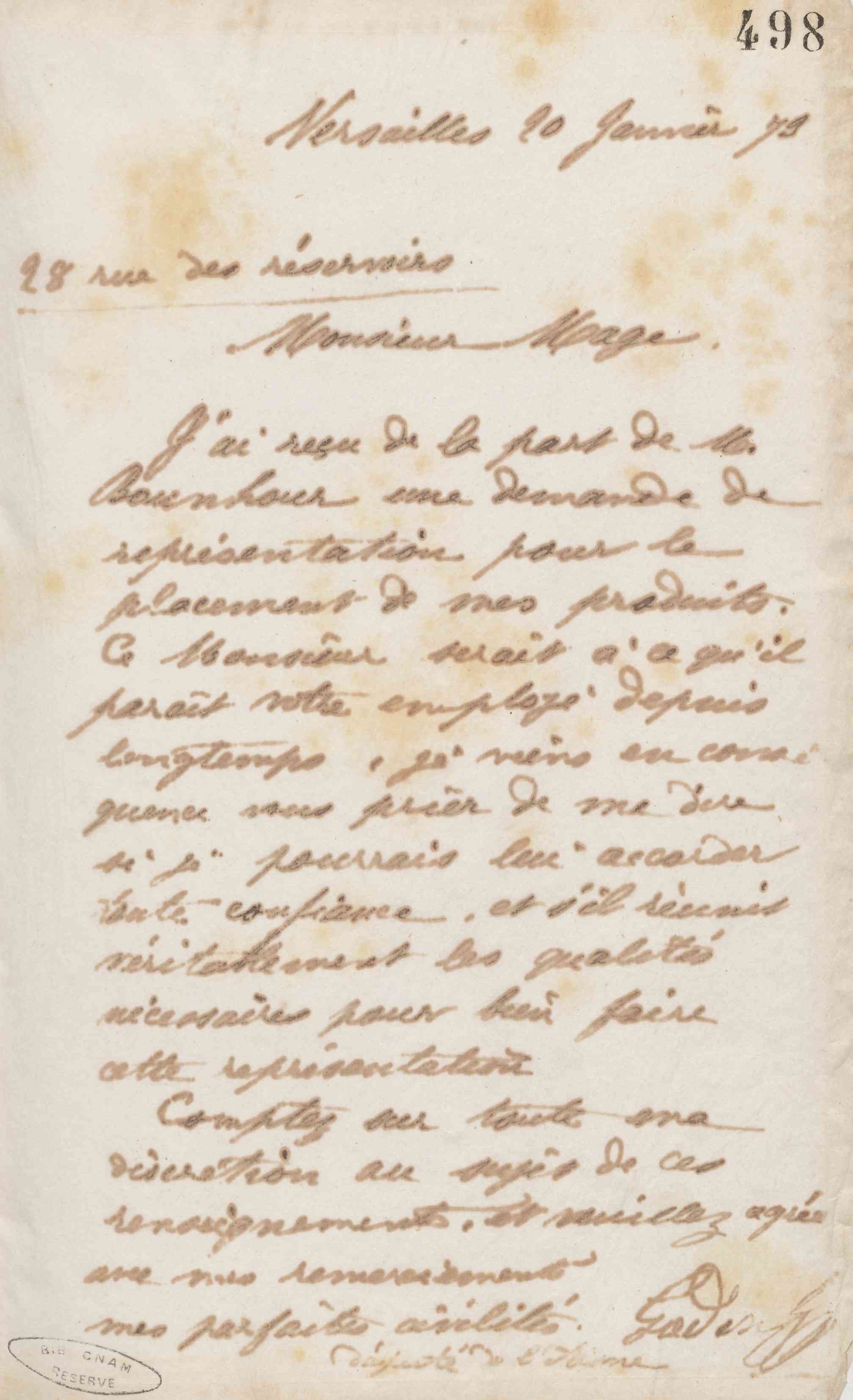 Jean-Baptiste André Godin à Antoine Mage, 20 janvier 1873