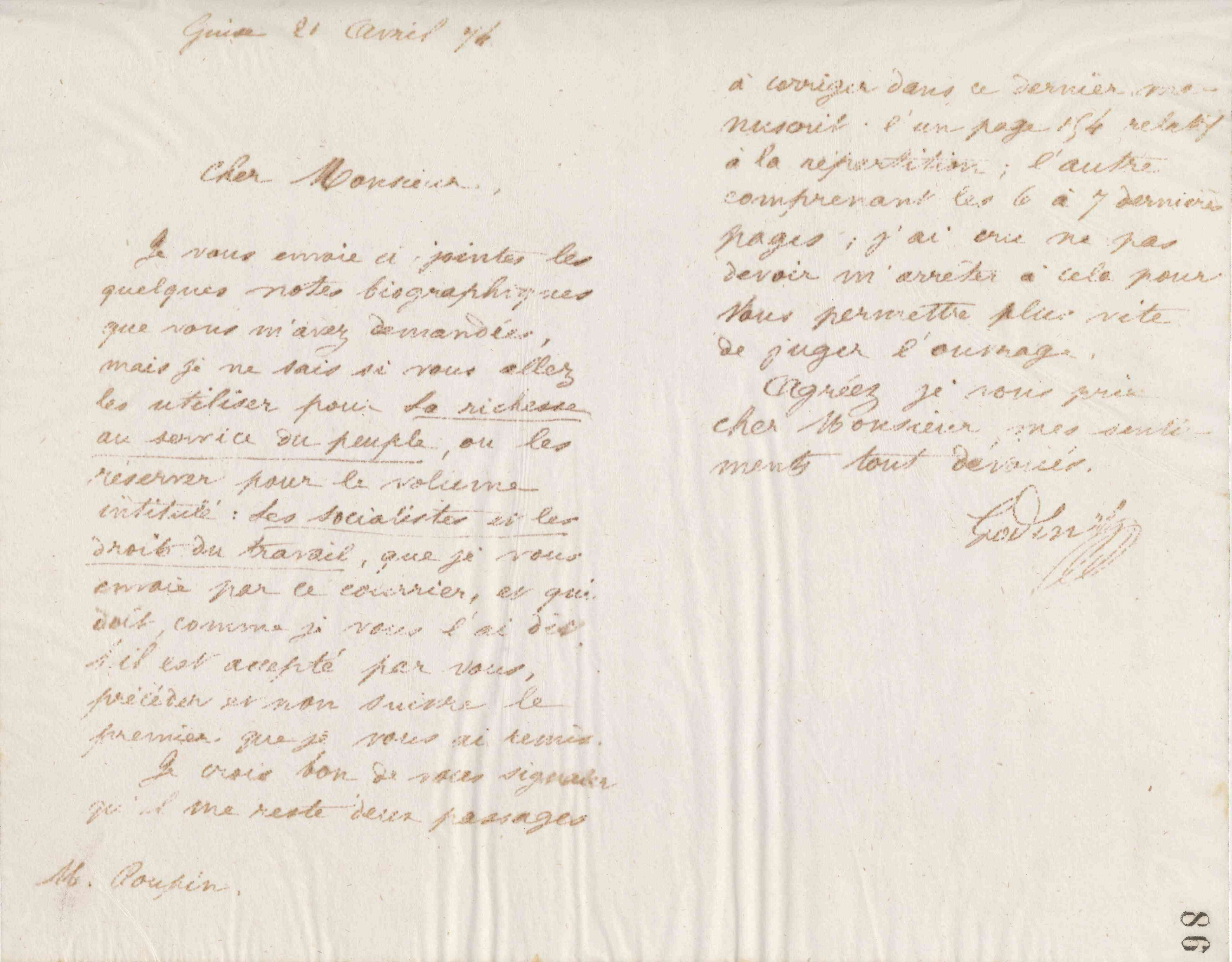 Jean-Baptiste André Godin à Victor Poupin, 21 avril 1874 Jean-Baptiste André Godin à Victor Poupin, 21 avril 1874