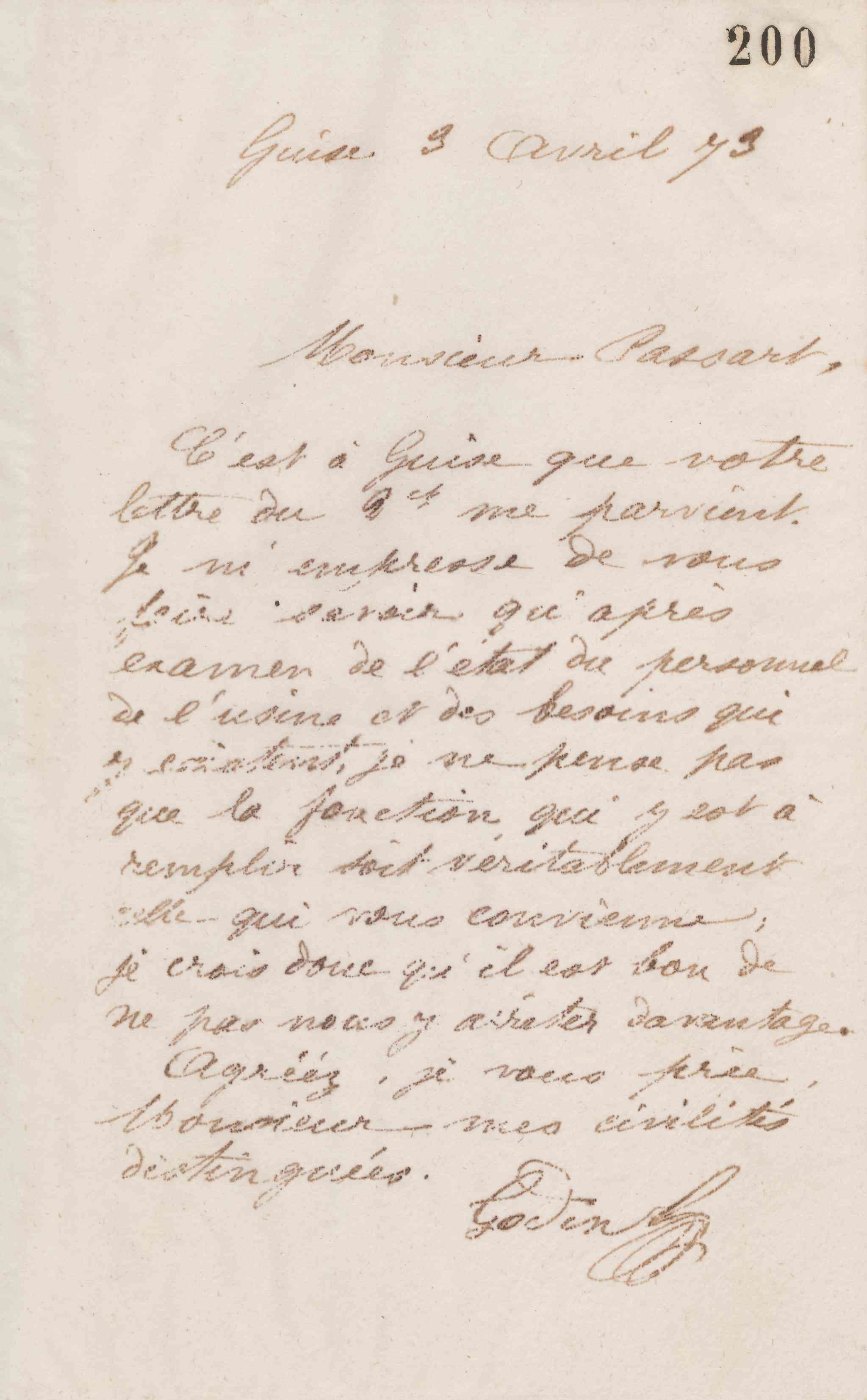 Jean-Baptiste André Godin à Eugène André, 4 avril 1873