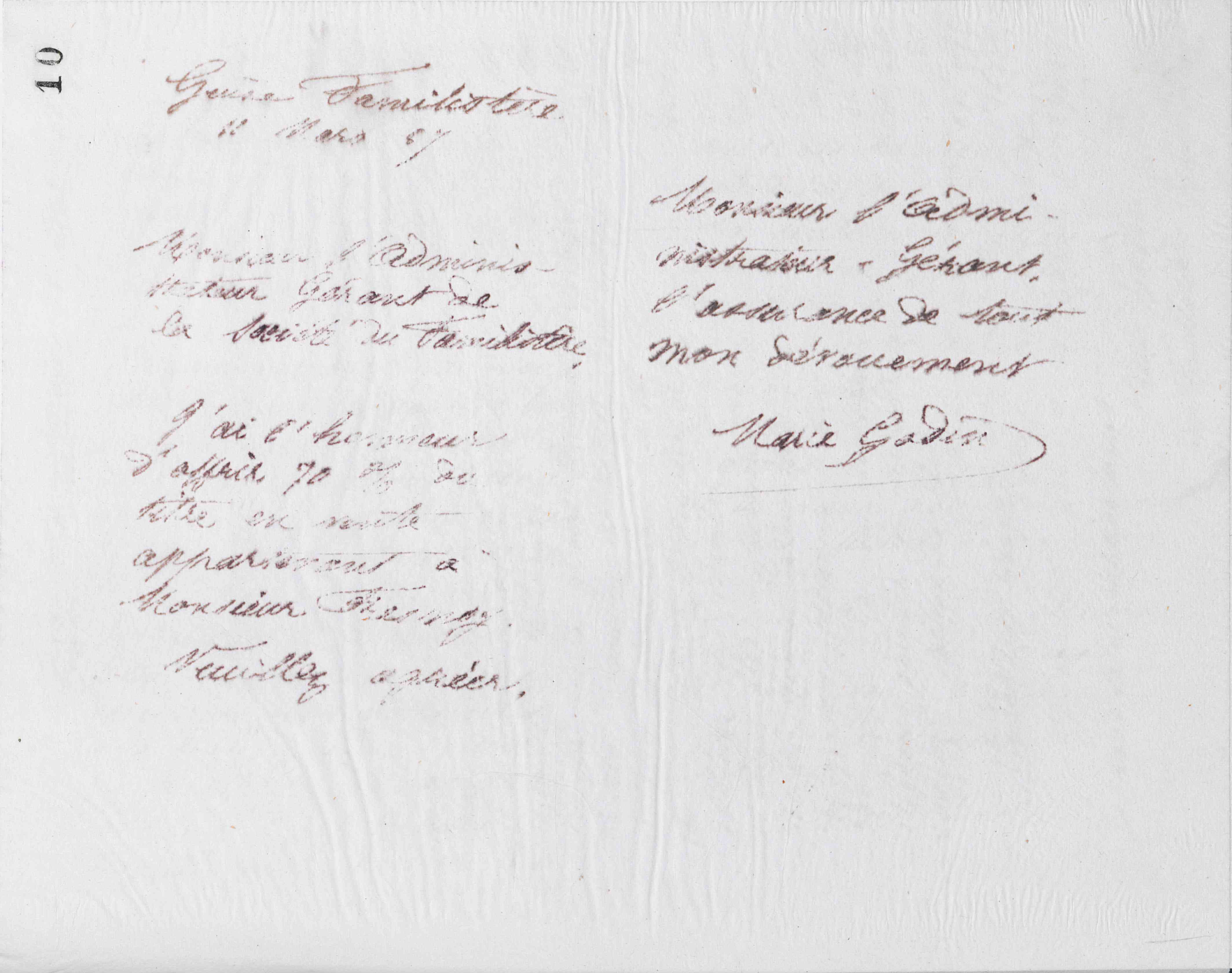 Marie Moret à l'administrateur-gérant de la Société du Familistère, 11 mars 1887