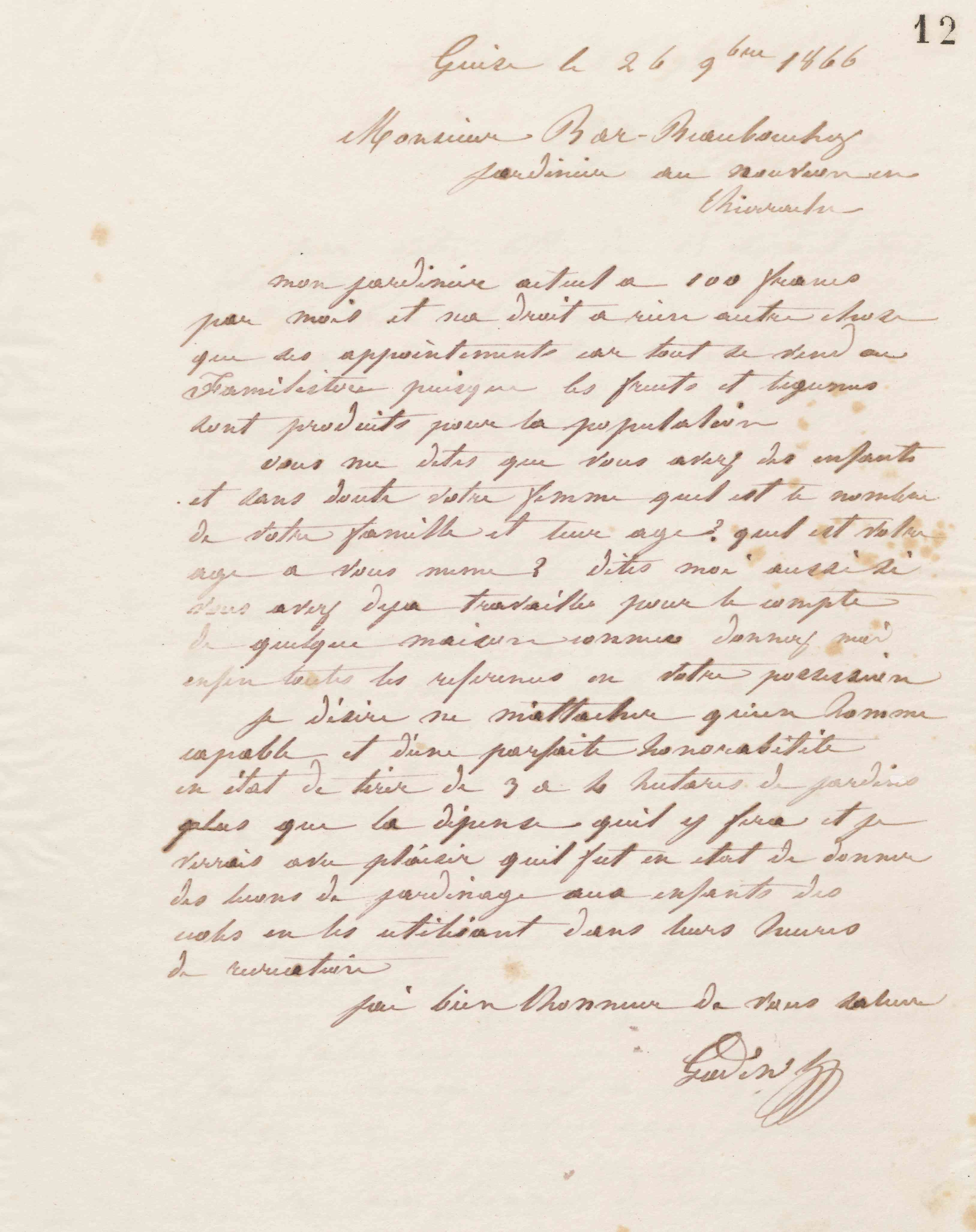 Jean-Baptiste André Godin à monsieur Bar-Beaubouchez, 26 novembre 1866