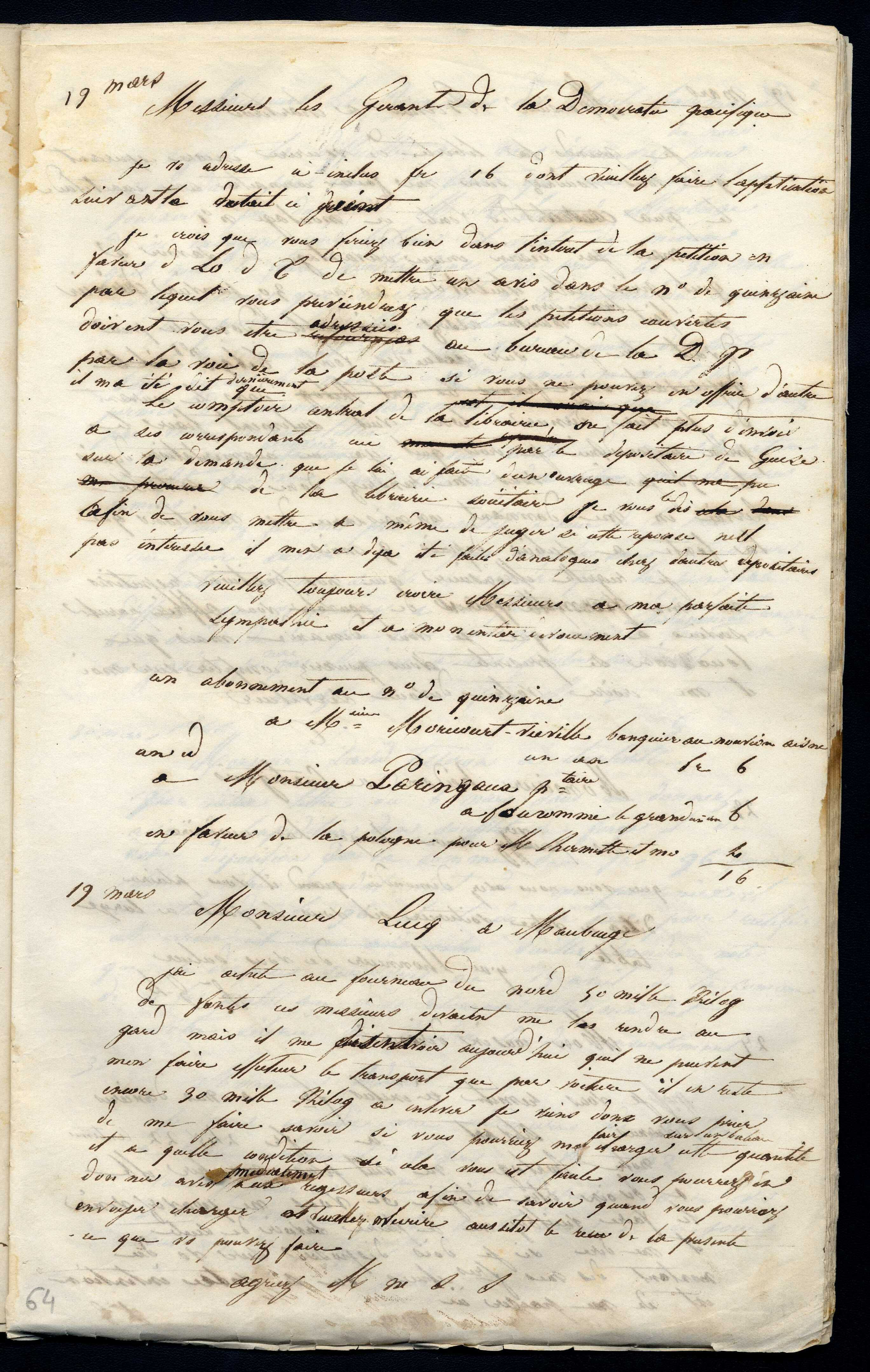 Jean-Baptiste André Godin à monsieur Lucq, 19 mars [1846]