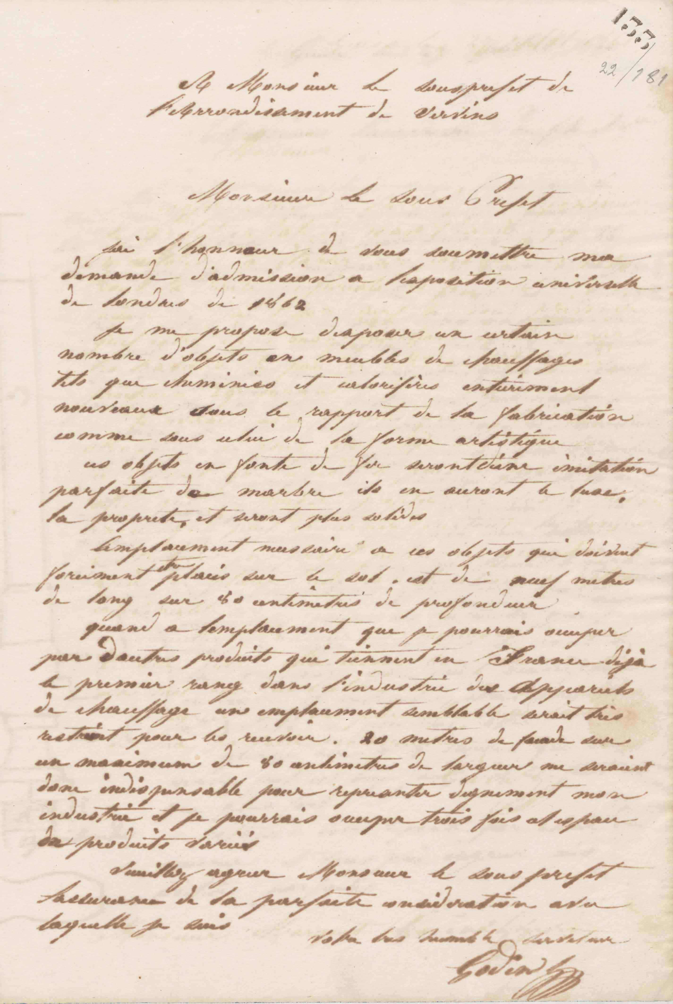 Jean-Baptiste André Godin au sous-préfet de Vervins, vers le 27 juillet 1861. Jean-Baptiste André Godin au sous-préfet de Vervins, vers le 27 juillet 1861.
