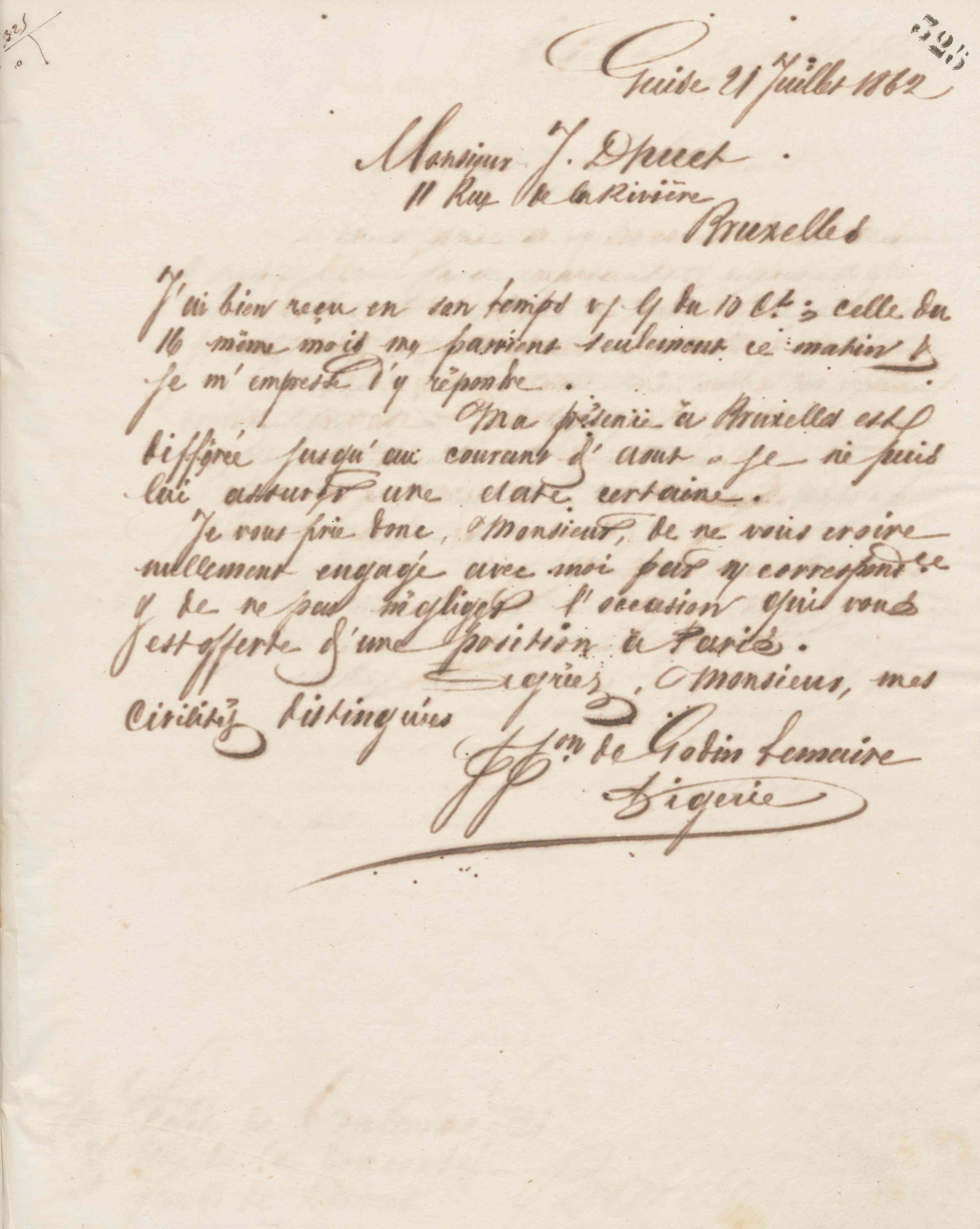 Jean-Baptiste André Godin à monsieur J. Dhuet, 21 juillet 1862