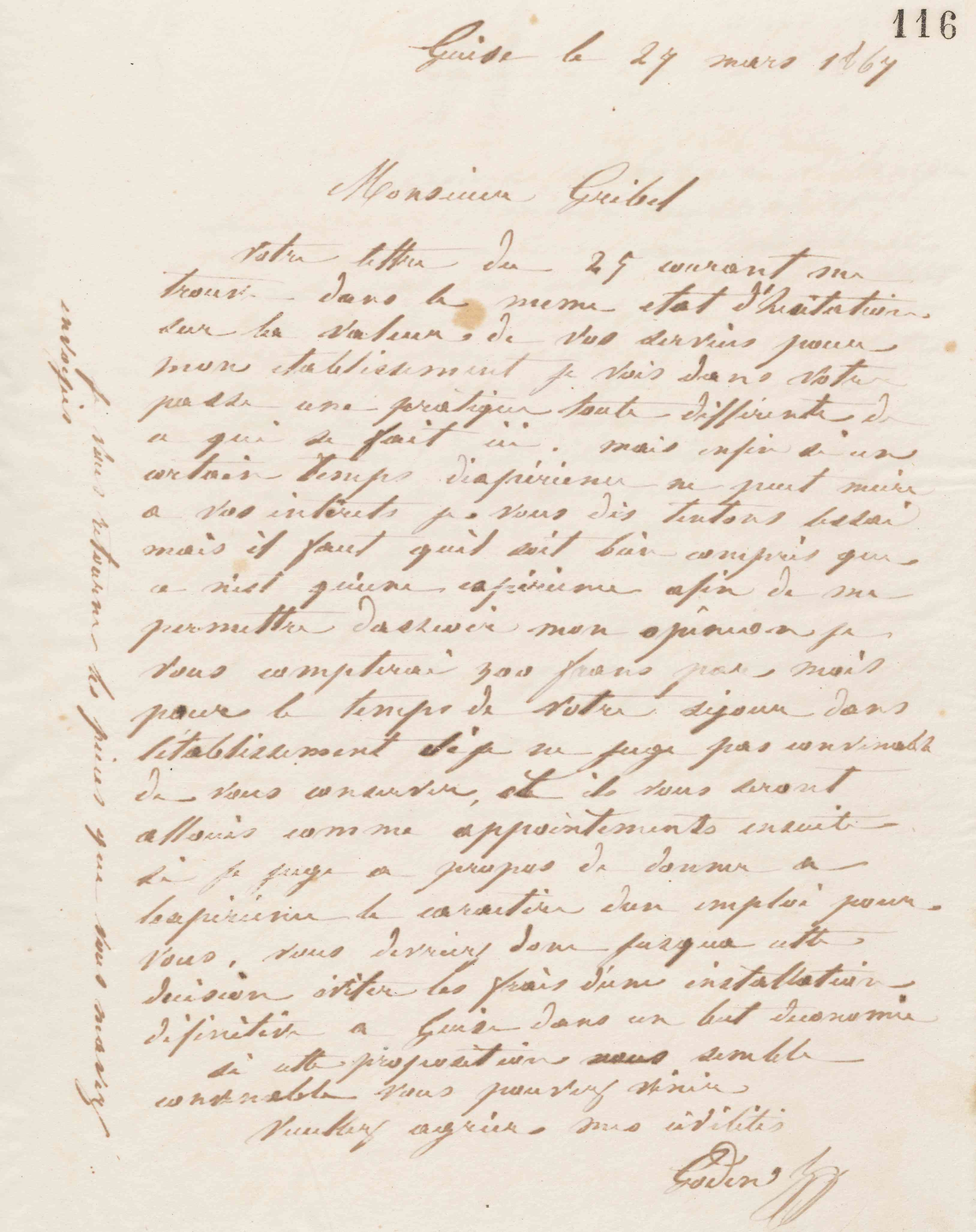 Jean-Baptiste André Godin à Alphonse Grebel, 27 mars 1867