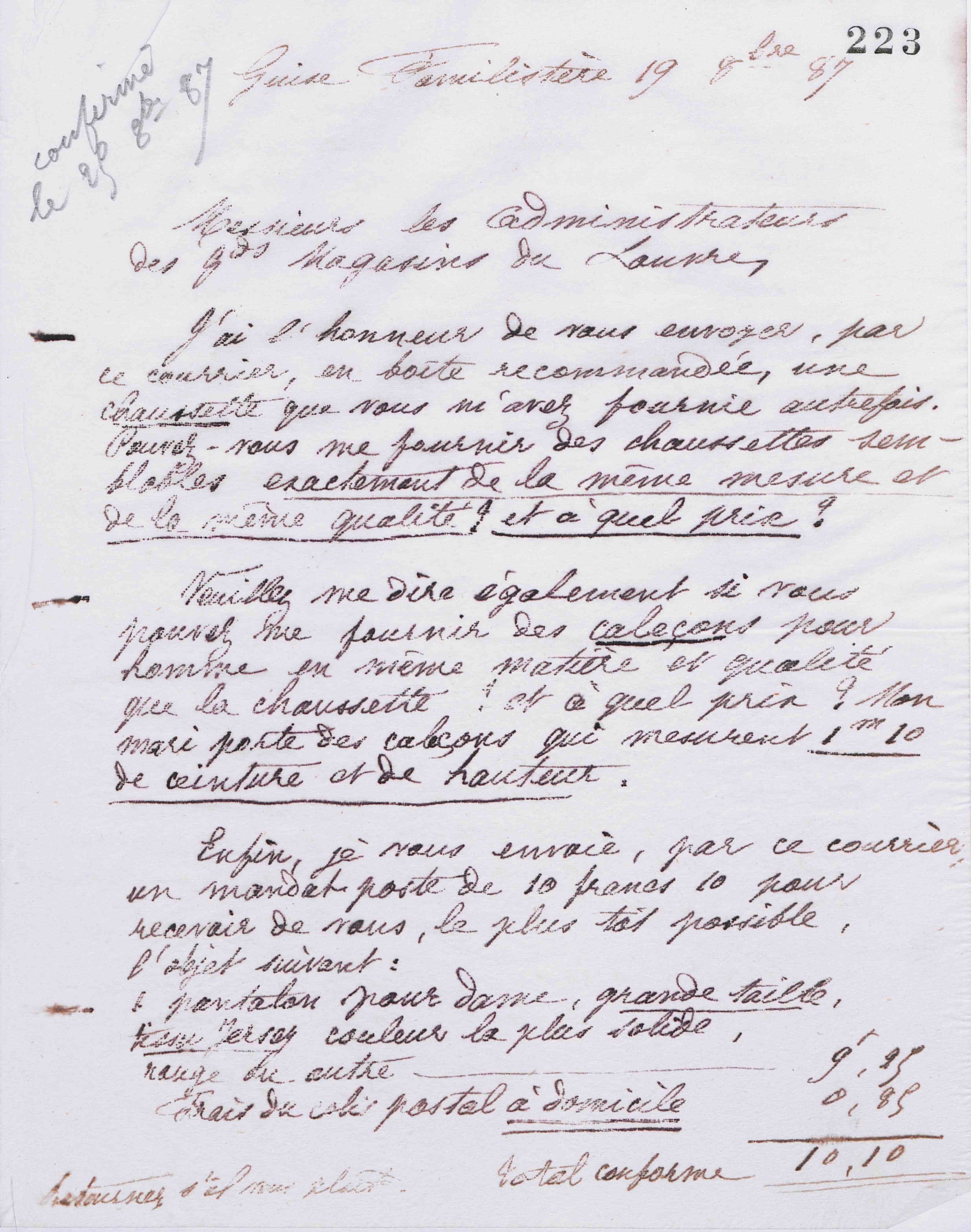 Marie Moret aux administrateurs des Grands magasins du Louvre, 19 octobre 1887