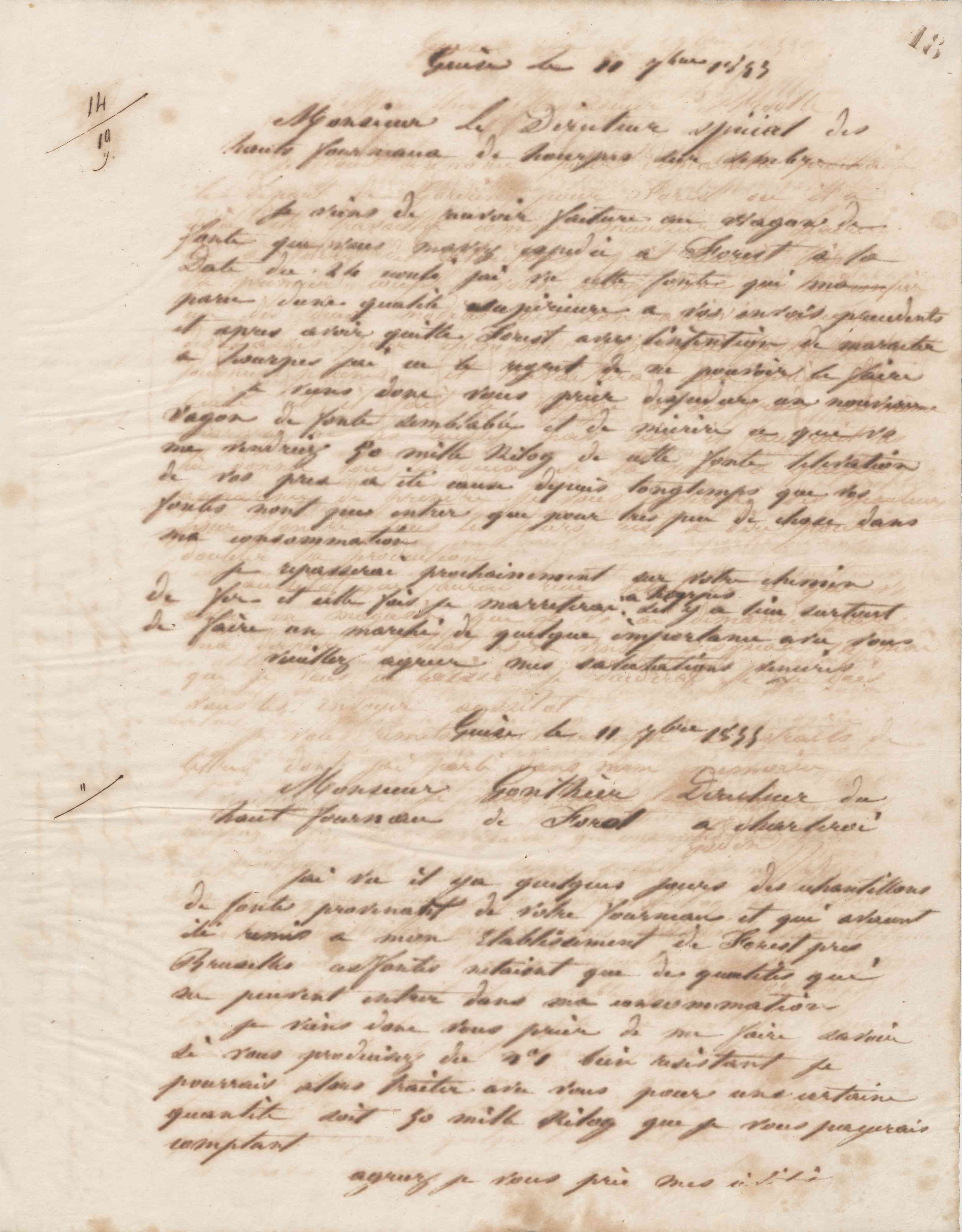 Jean-Baptiste André Godin à monsieur le directeur spécial des hauts-fourneaux de Hourpes-sur-Sambre, 11 septembre 1855