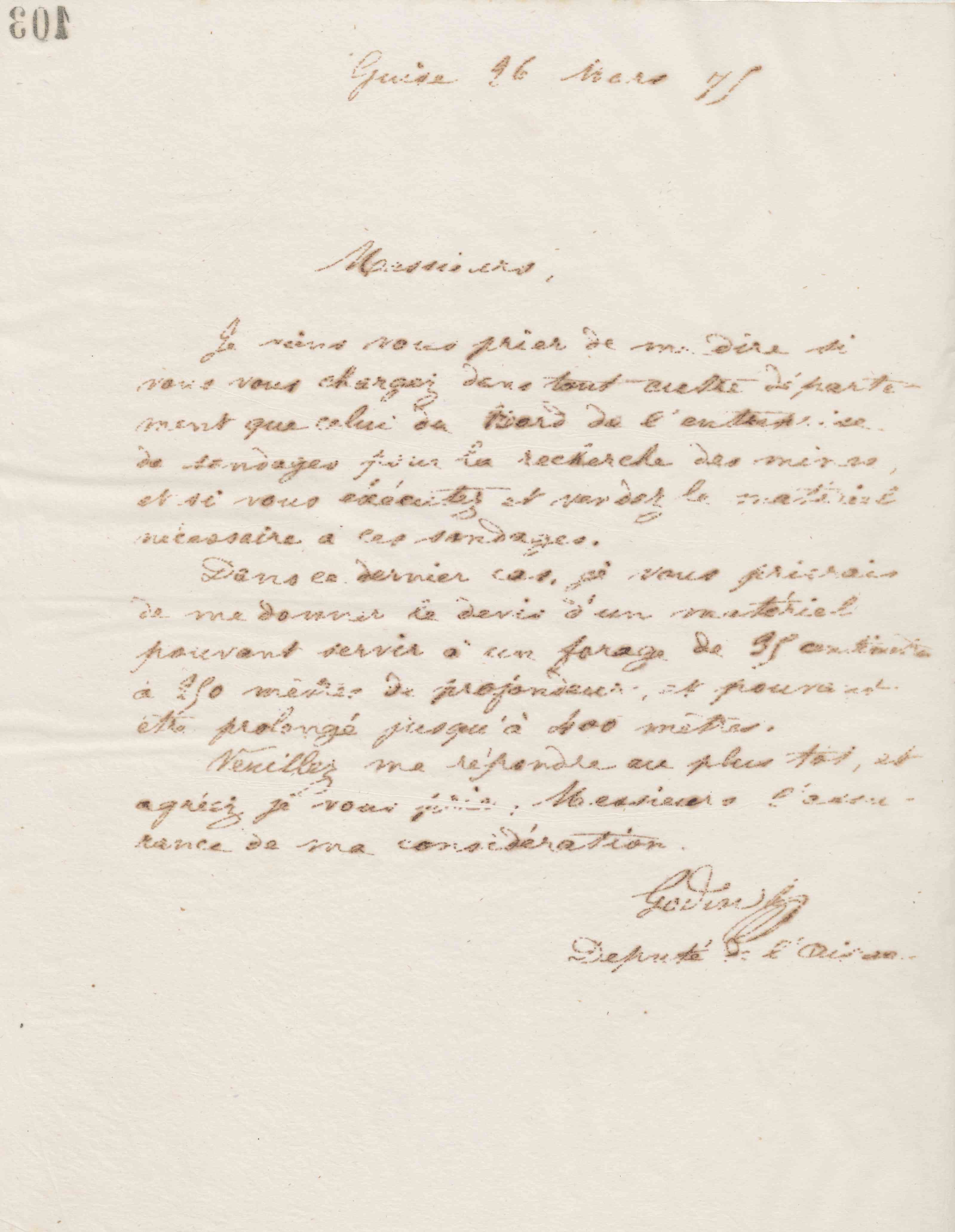 Jean-Baptiste André Godin à plusieurs entreprises de forage de Lille, 26 mars 1875