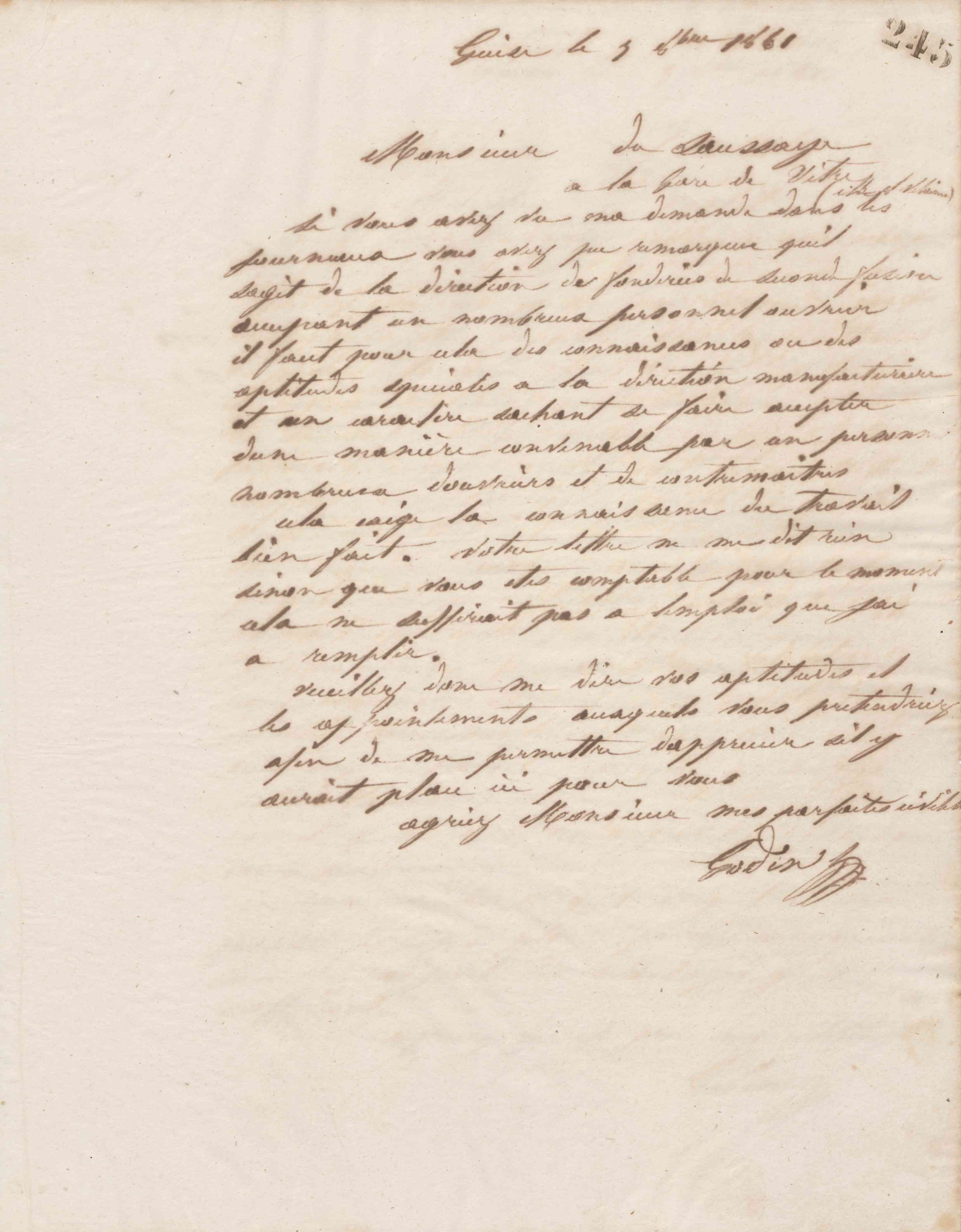 Jean-Baptiste André Godin à monsieur de Saussaye, 5 octobre 1861 Jean-Baptiste André Godin à monsieur de Saussaye, 5 octobre 1861