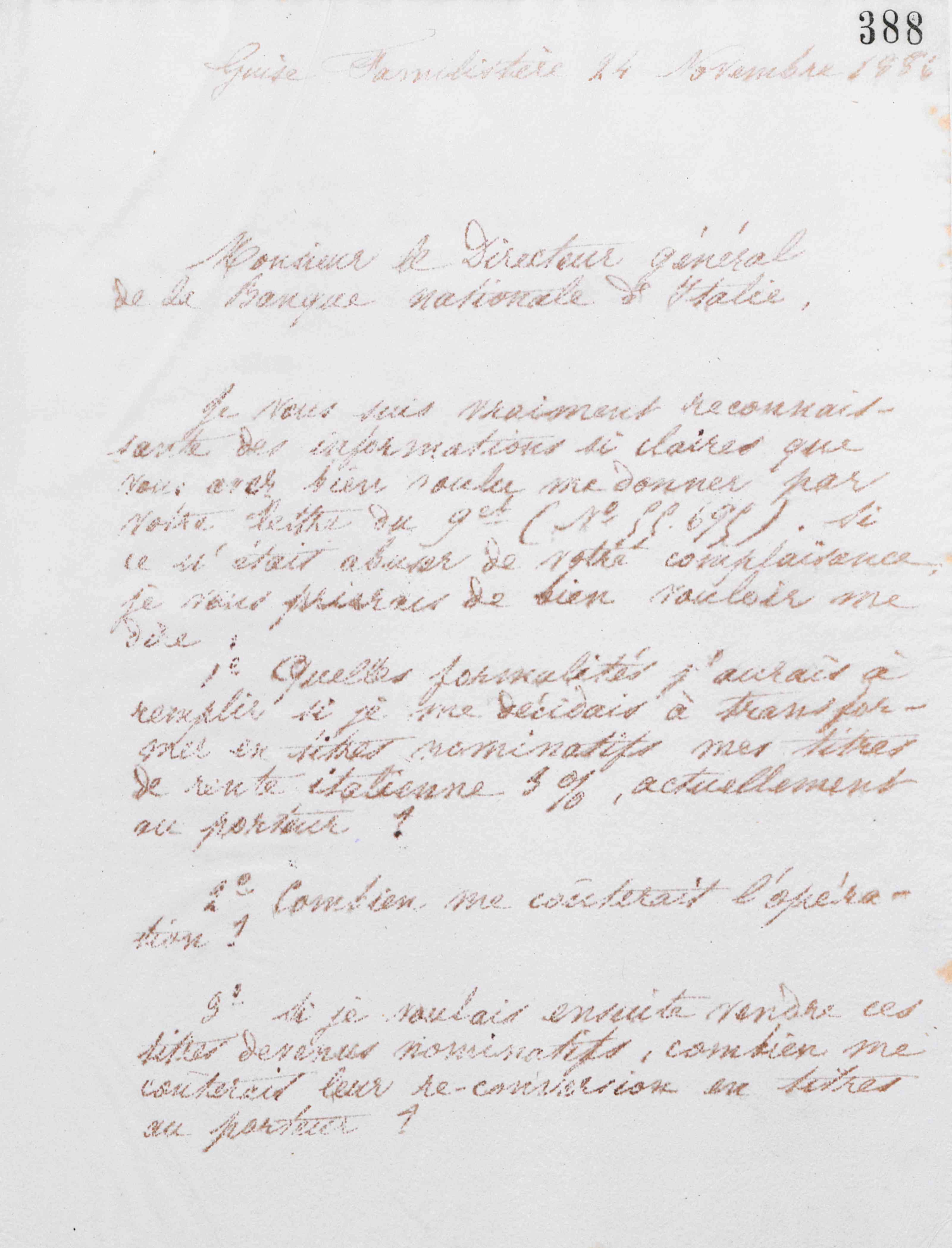 Marie Moret au Directeur général de la Banca nazionale, 24 novembre 1886 Marie Moret au Directeur général de la Banca nazionale, 24 novembre 1886