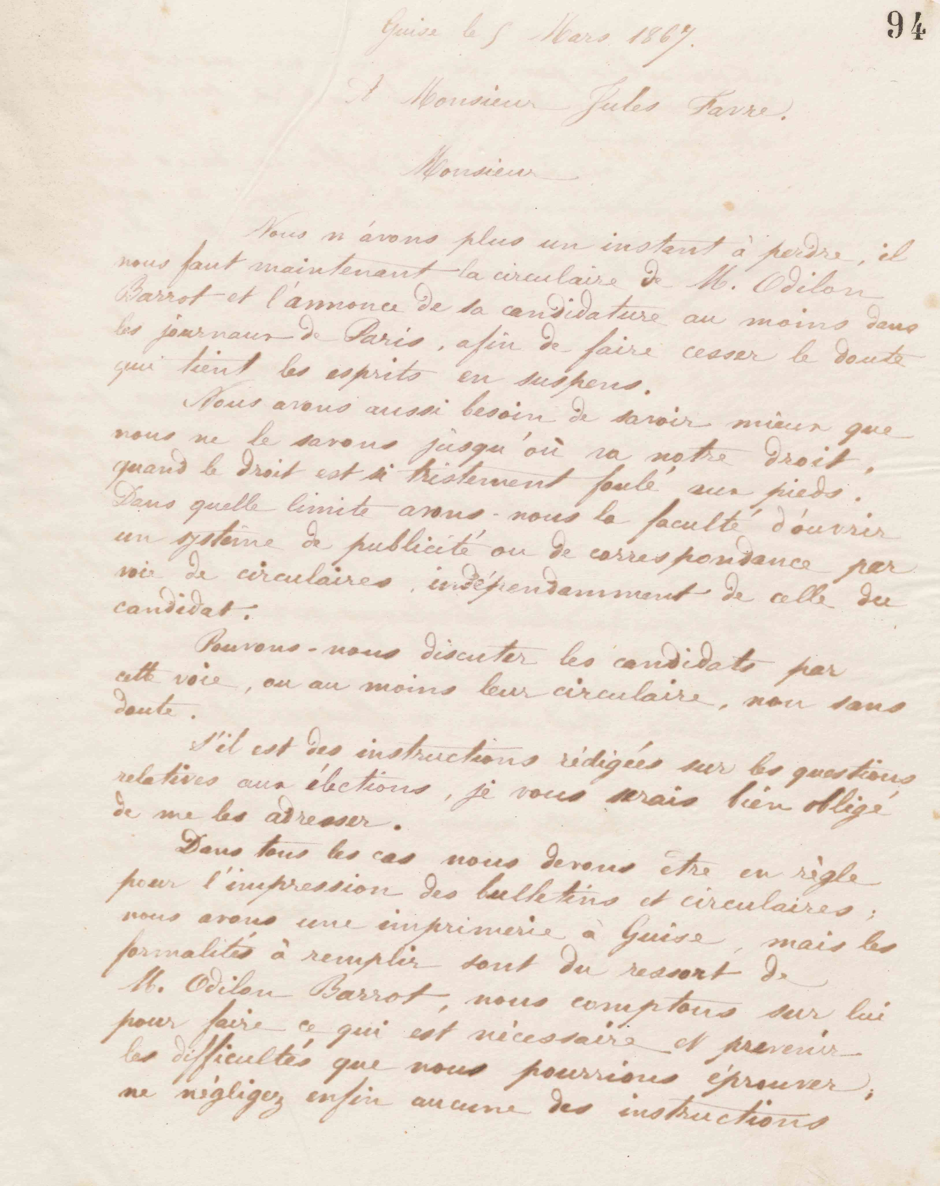 Jean-Baptiste André Godin à Jules Favre, 5 mars 1867