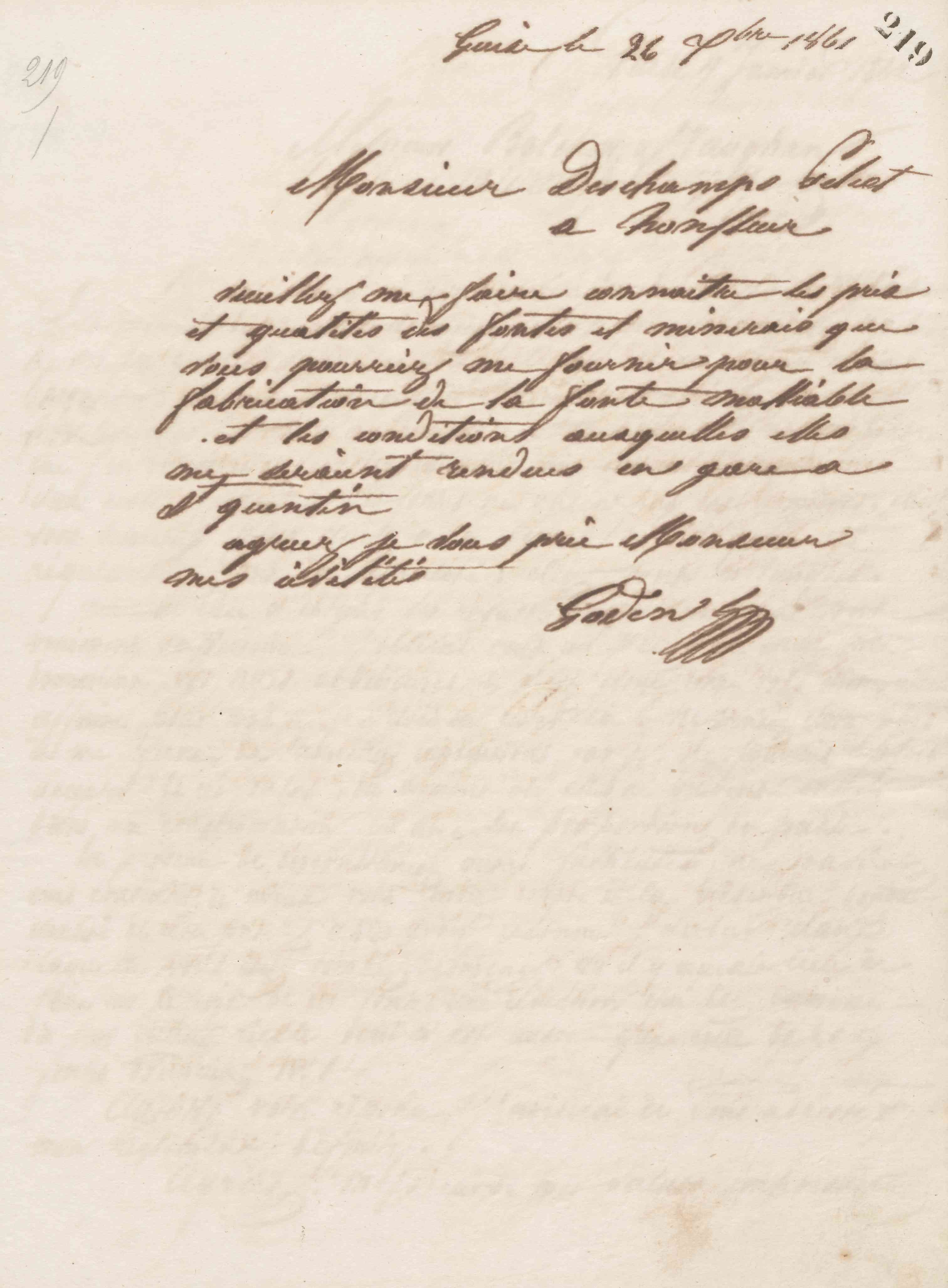 Jean-Baptiste André Godin à monsieur Deschamps-Pelcot, 26 décembre 1861