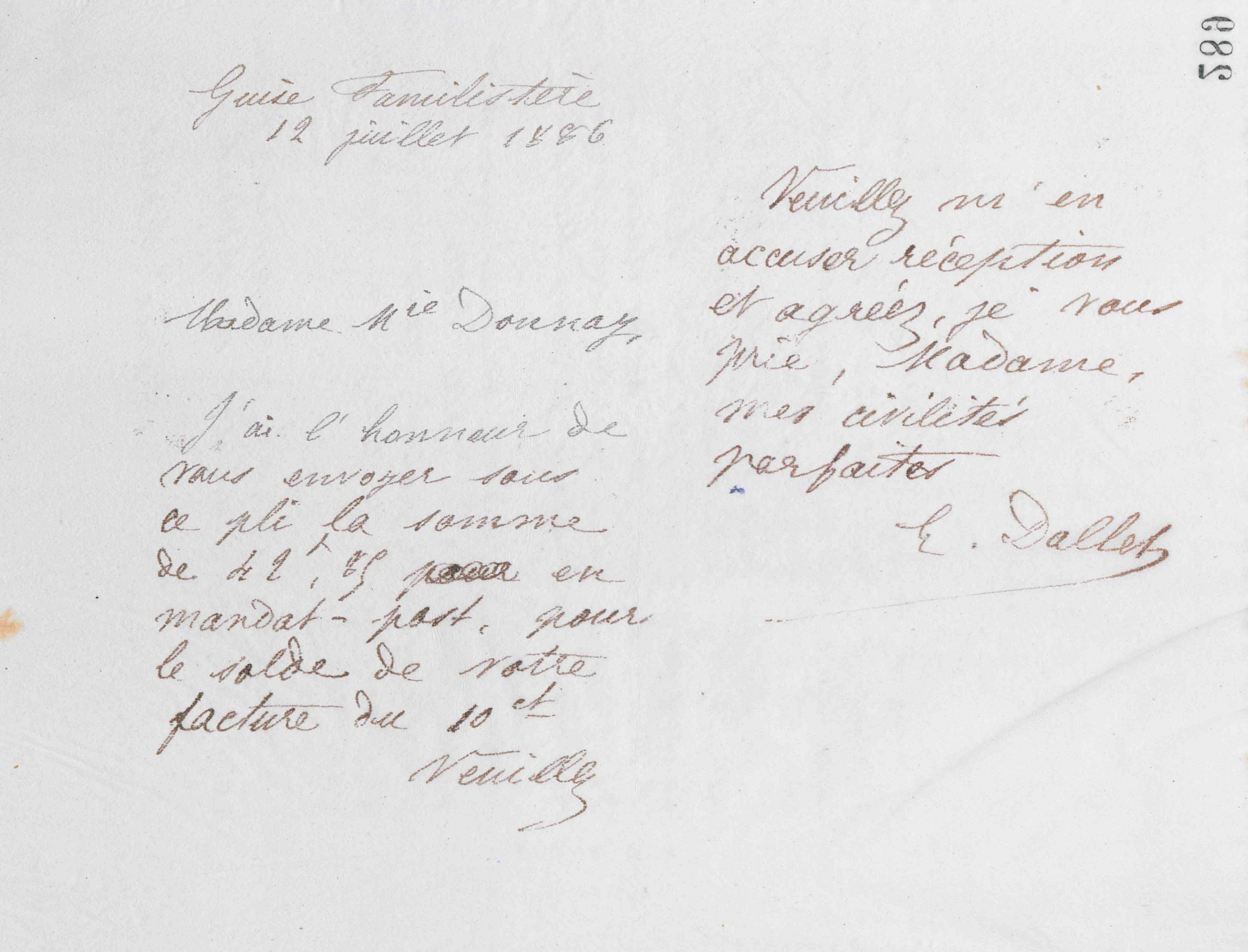 Émilie Dallet à Marie Donnay, 12 juillet 1886 Émilie Dallet à Marie Donnay, 12 juillet 1886