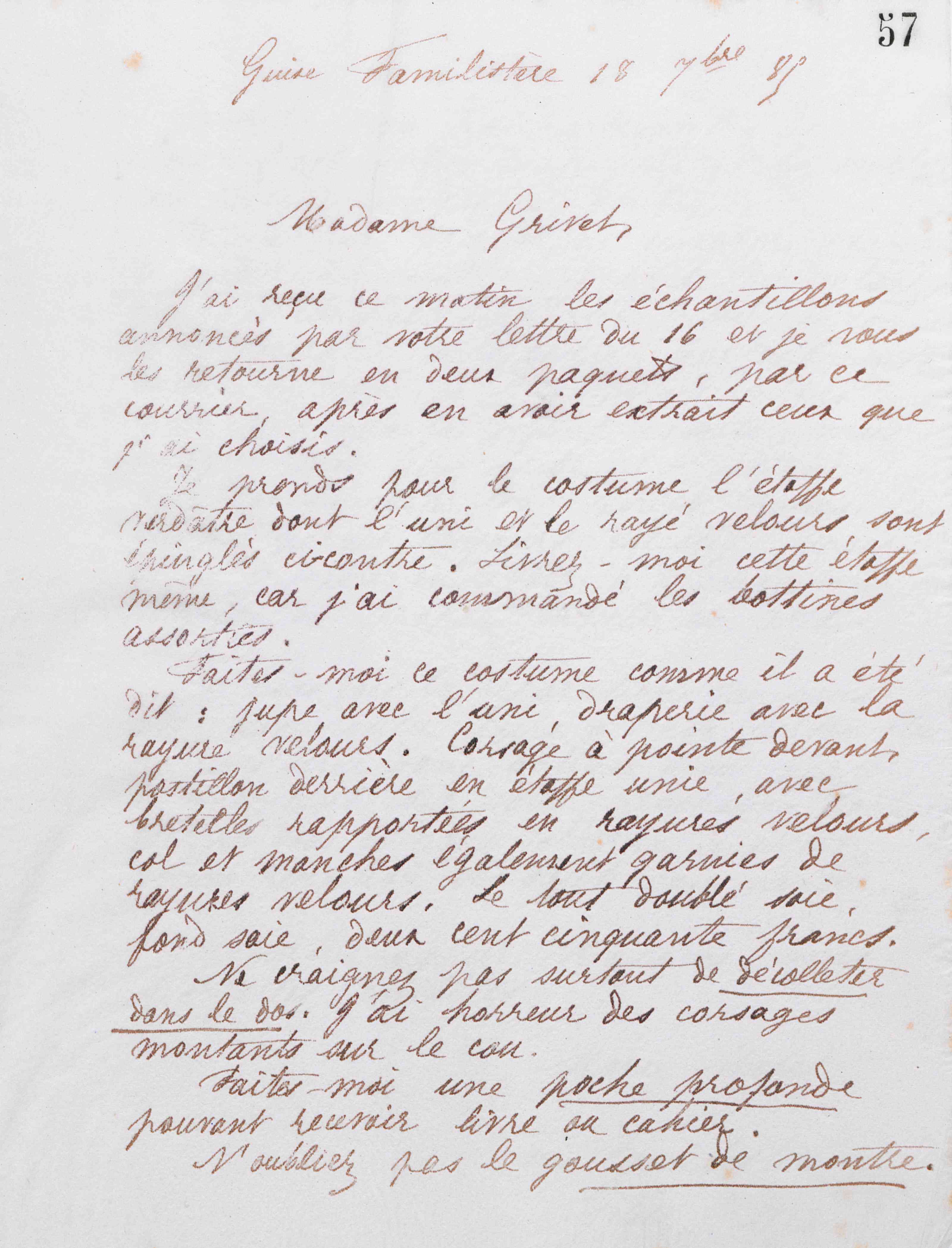 Marie Moret à madame Grivet, 18 septembre 1885