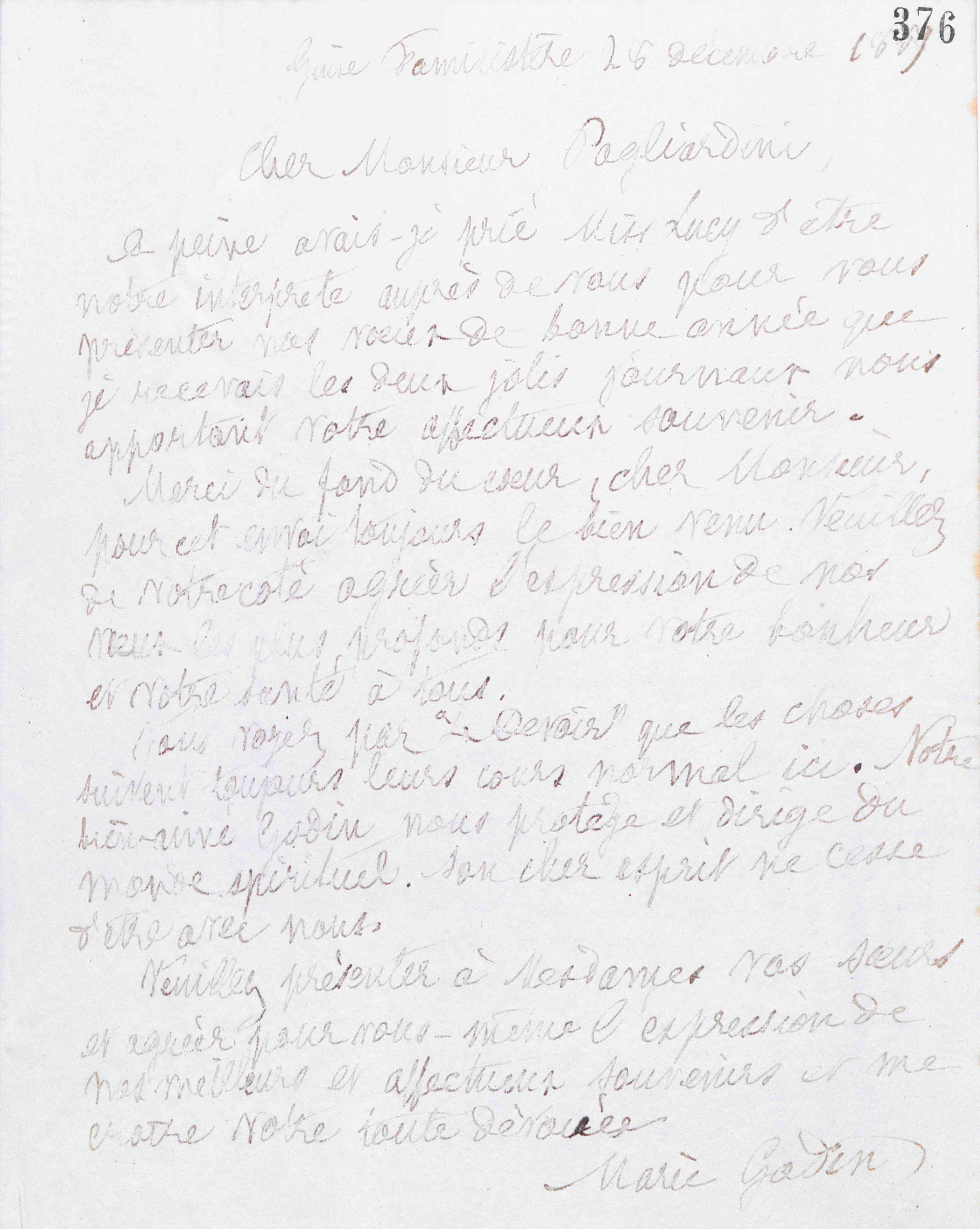 Marie Moret à Tito Pagliardini, 28 décembre 1889 Marie Moret à Tito Pagliardini, 28 décembre 1889