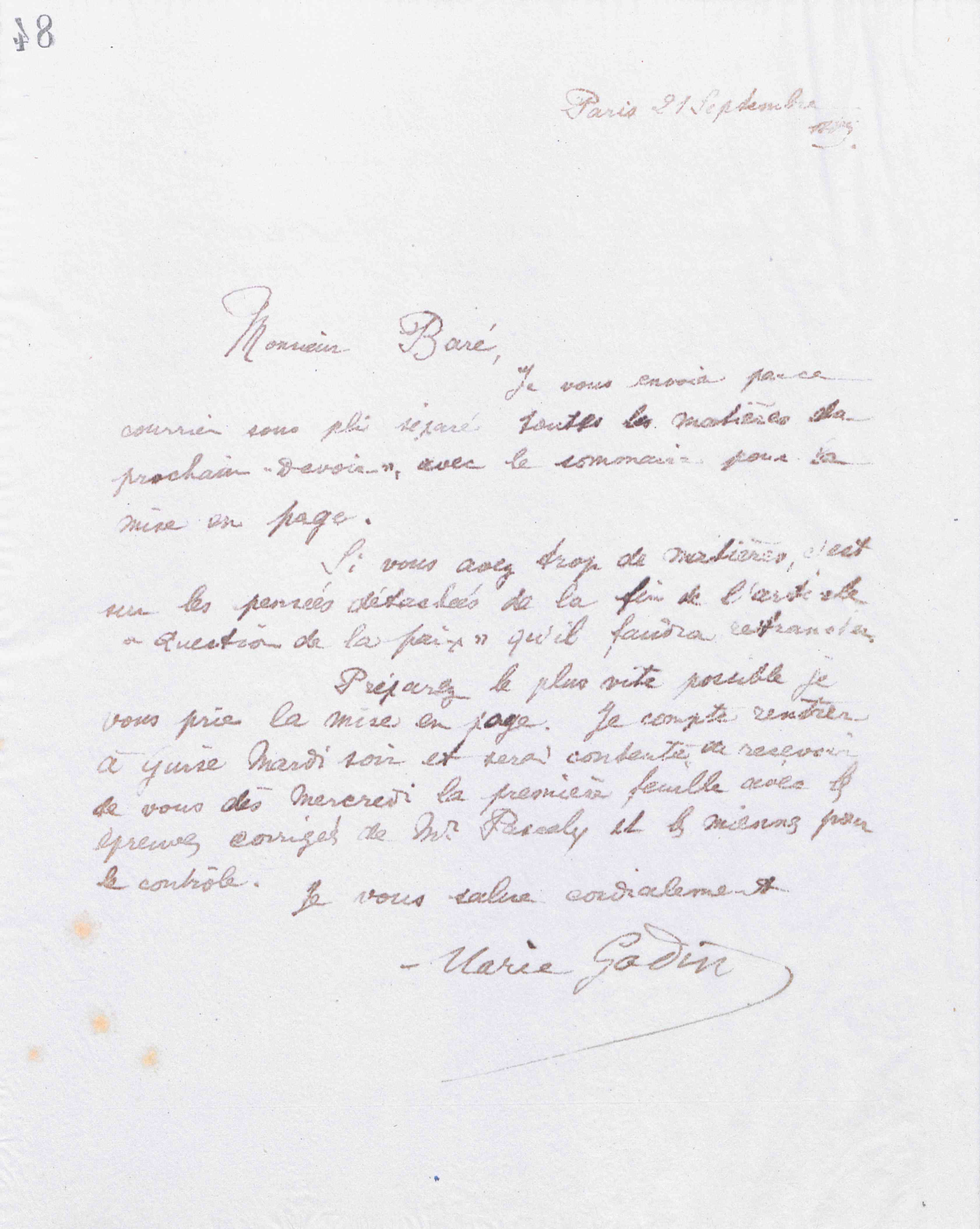 Marie Moret à Jules Édouard Baré, 21 septembre 1889 Marie Moret à Jules Édouard Baré, 21 septembre 1889