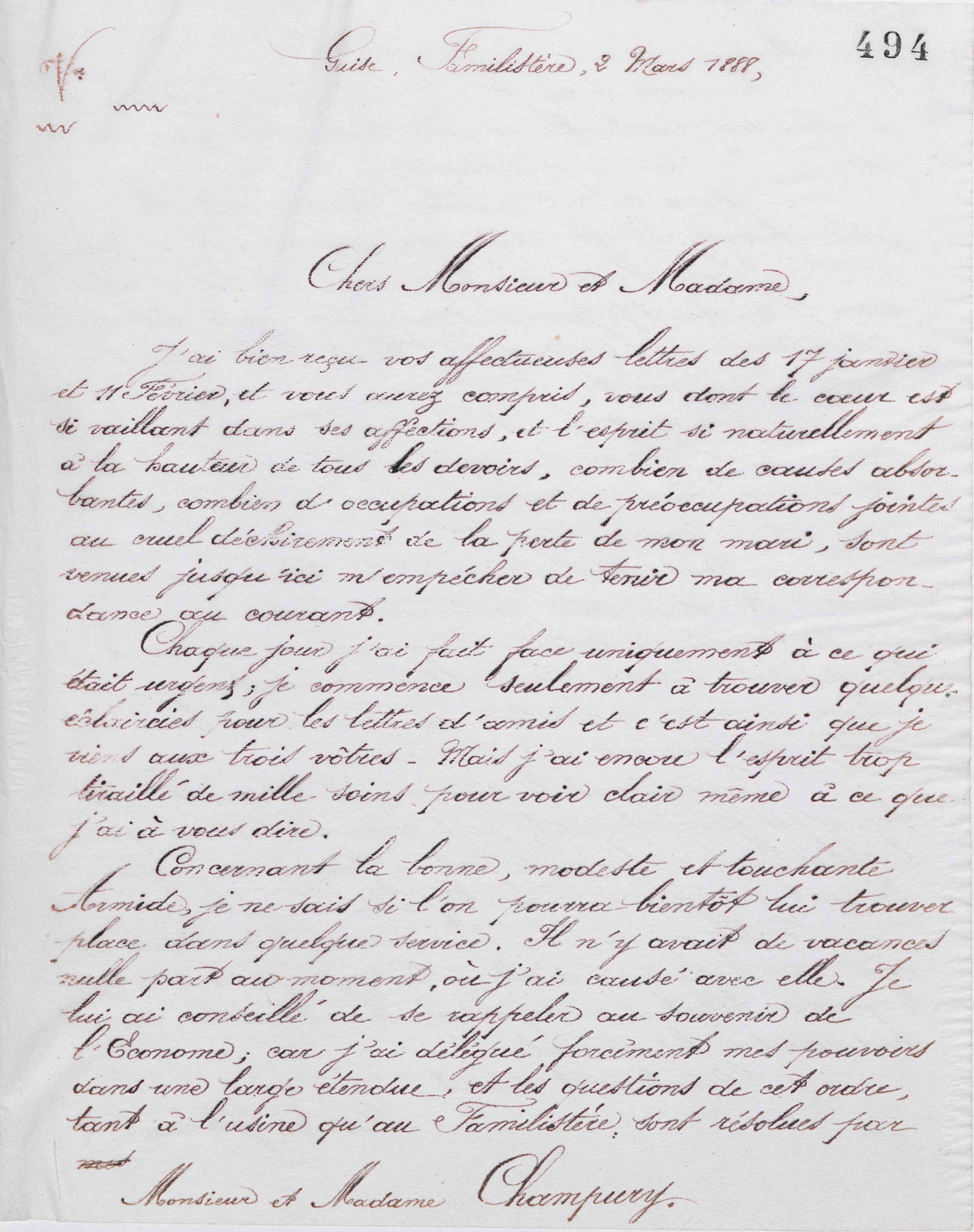 Marie Moret à Édouard et Élisa Champury, 2 mars 1888