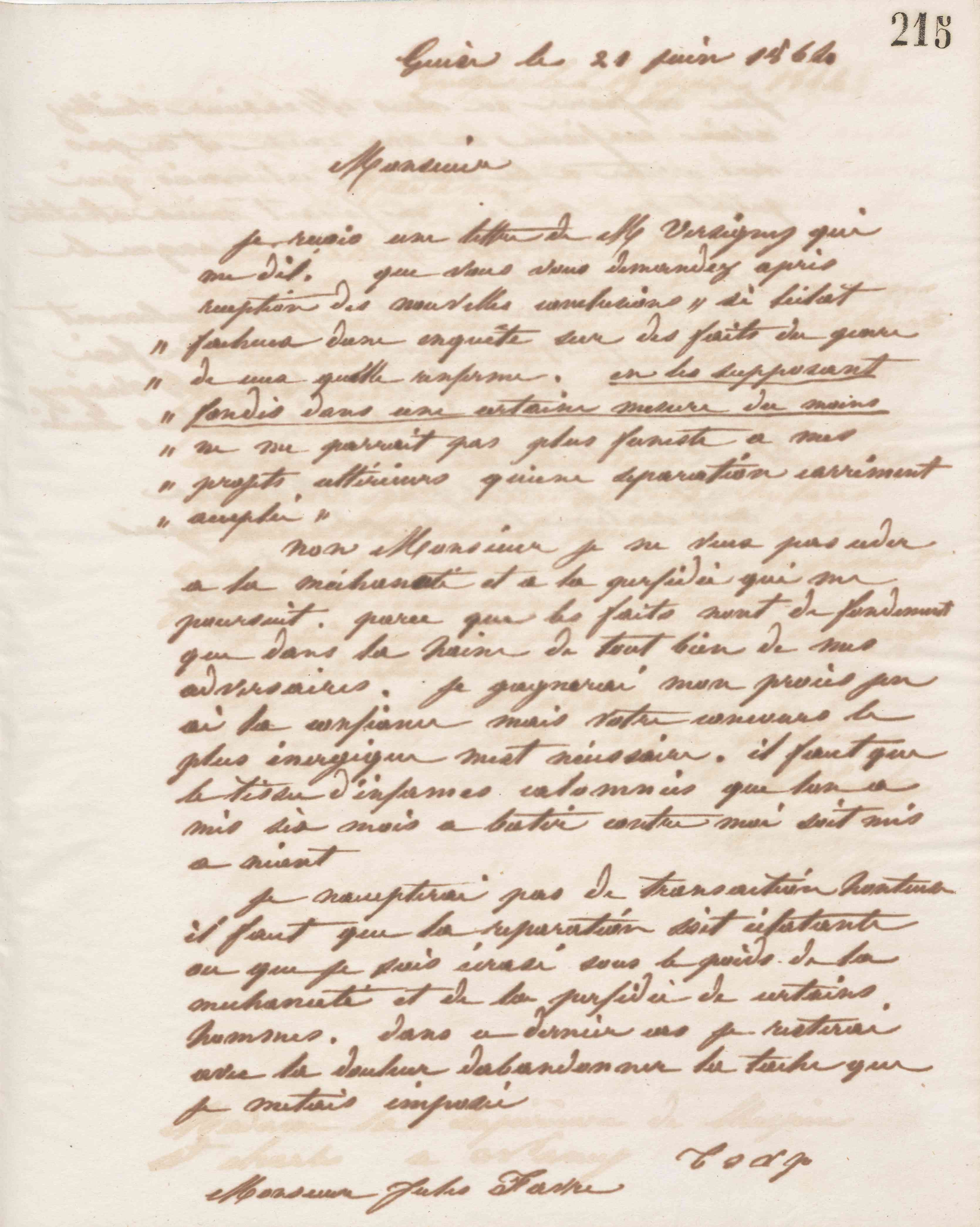 Jean-Baptiste André Godin à Jules Favre, 21 juin 1864