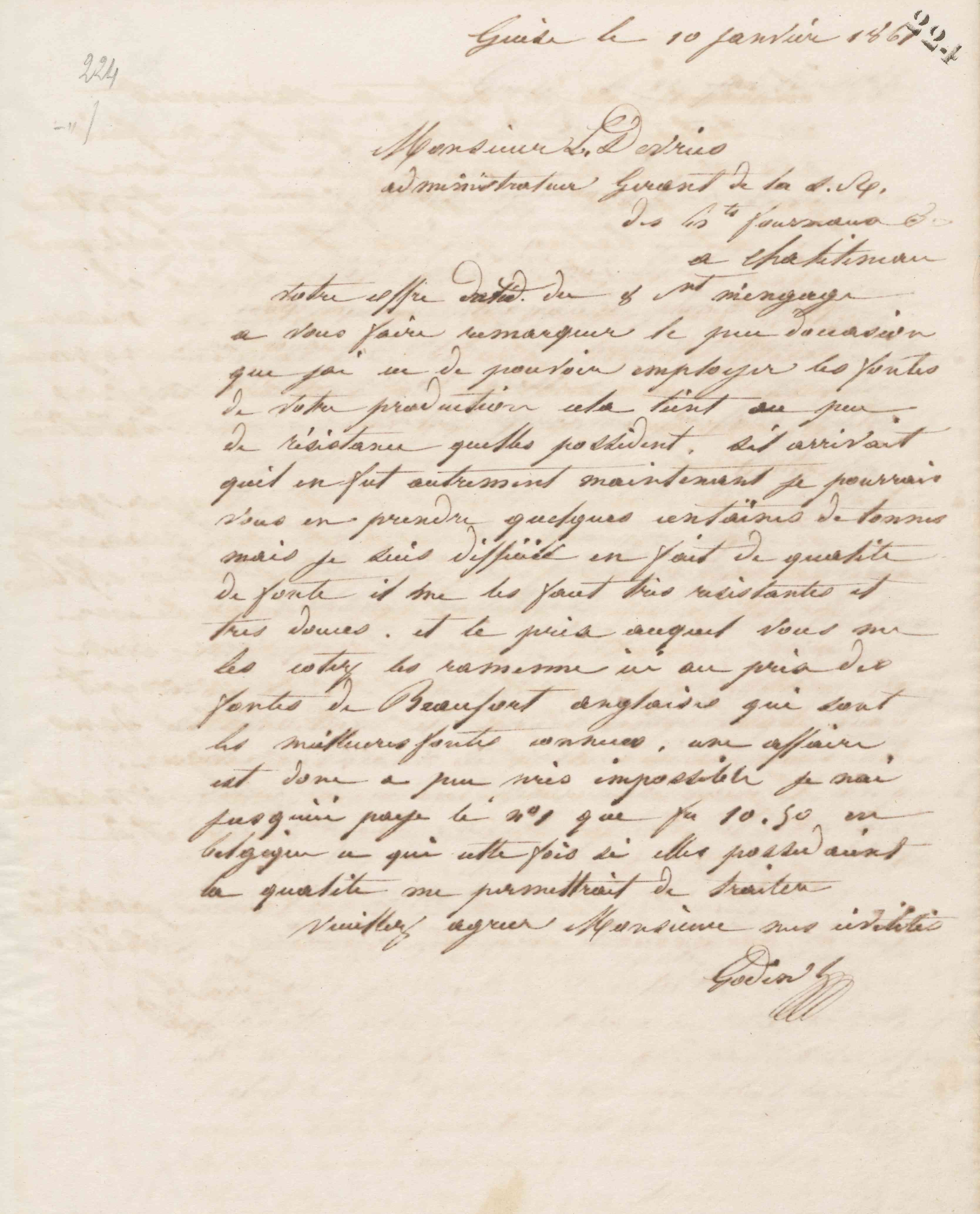 Jean-Baptiste André Godin à monsieur L. Dovries, administrateur gérant de la Société anonyme des hauts-fourneaux, usines et charbonnages de Châtelineau, 10 janvier 1862