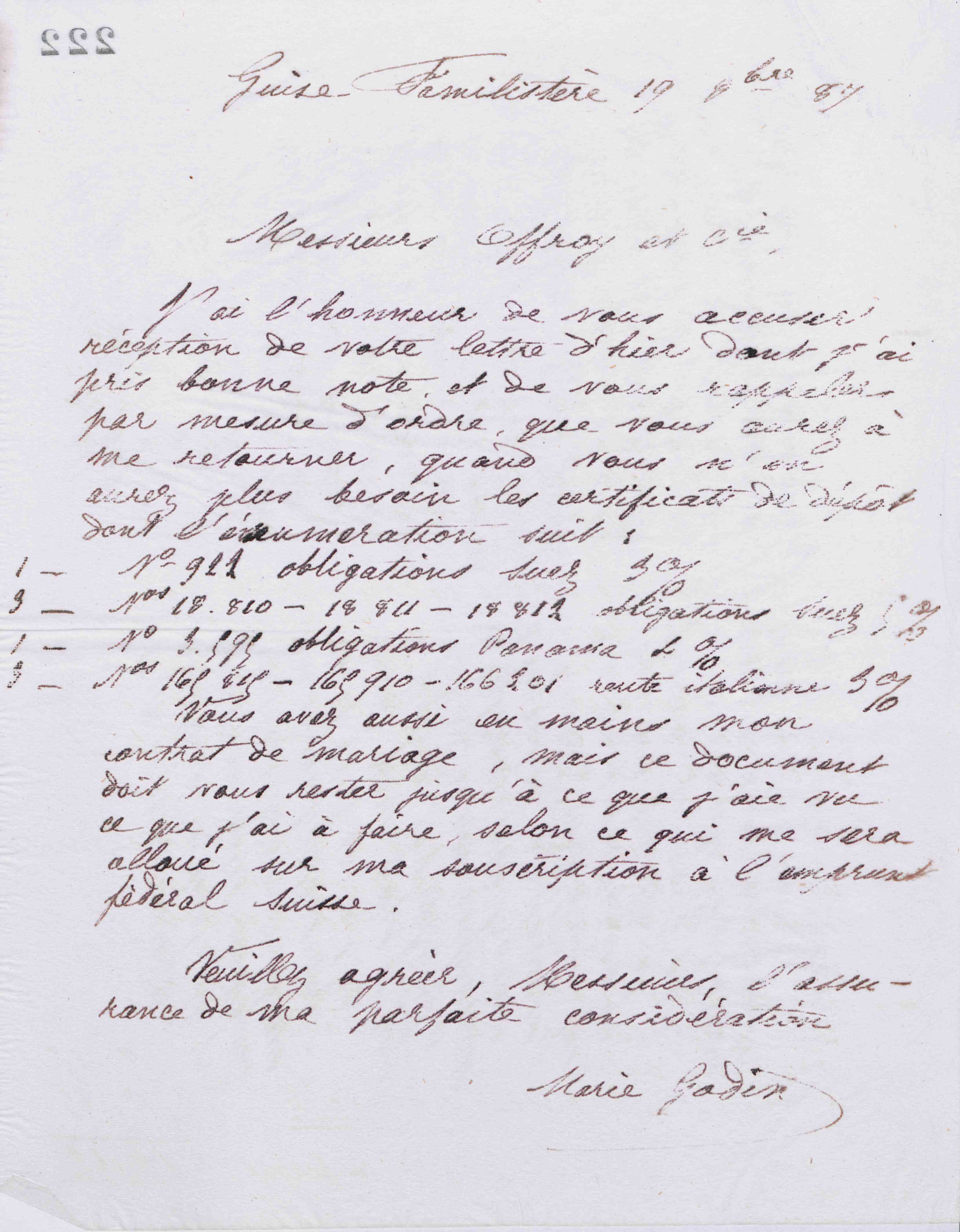 Marie Moret à Offroy et Cie, 19 octobre 1887