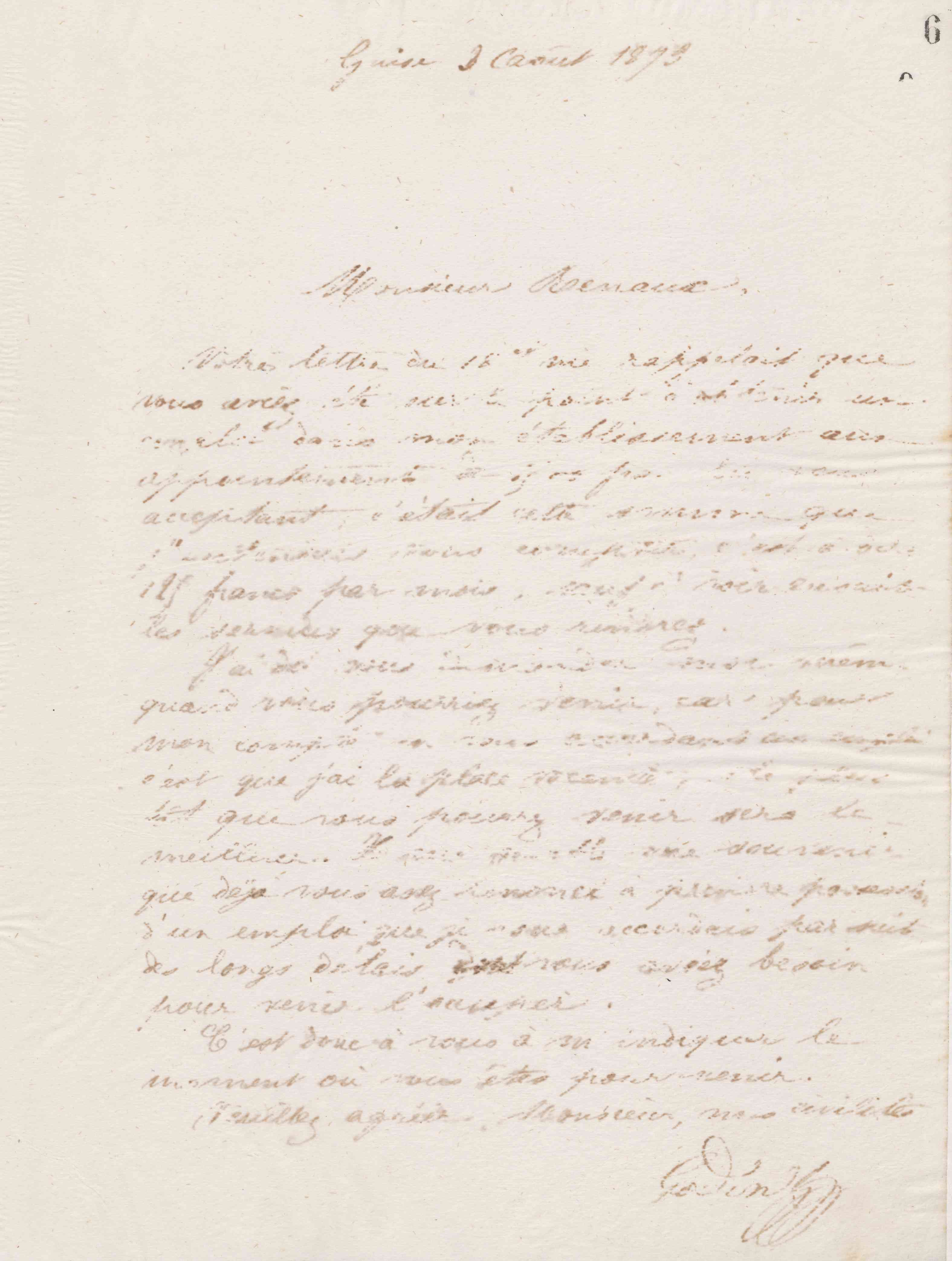 Jean-Baptiste André Godin à monsieur Renaux, 3 août 1873 Jean-Baptiste André Godin à monsieur Renaux, 3 août 1873