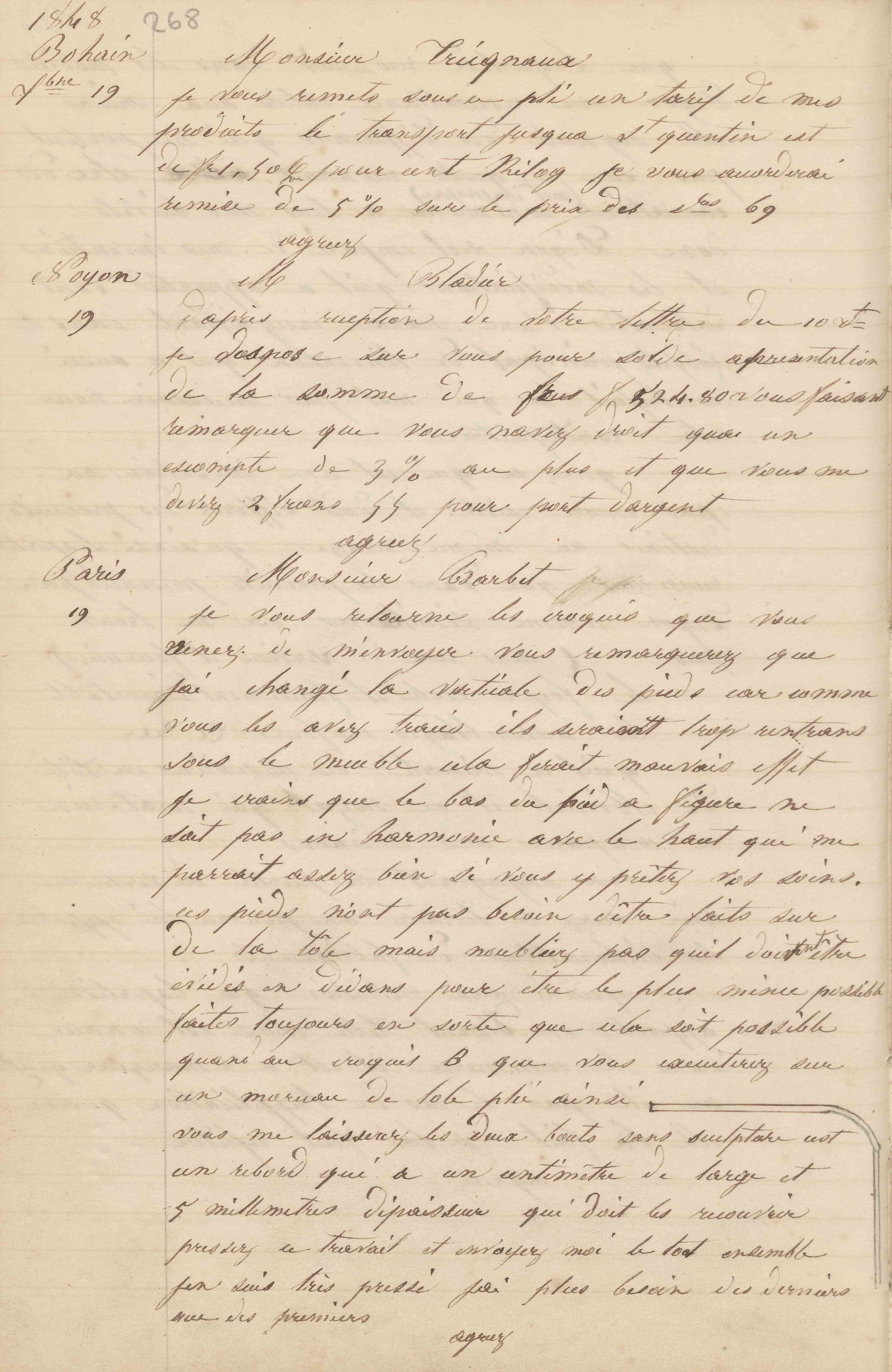 Jean-Baptiste André Godin à monsieur Barbet, 19 décembre 1848