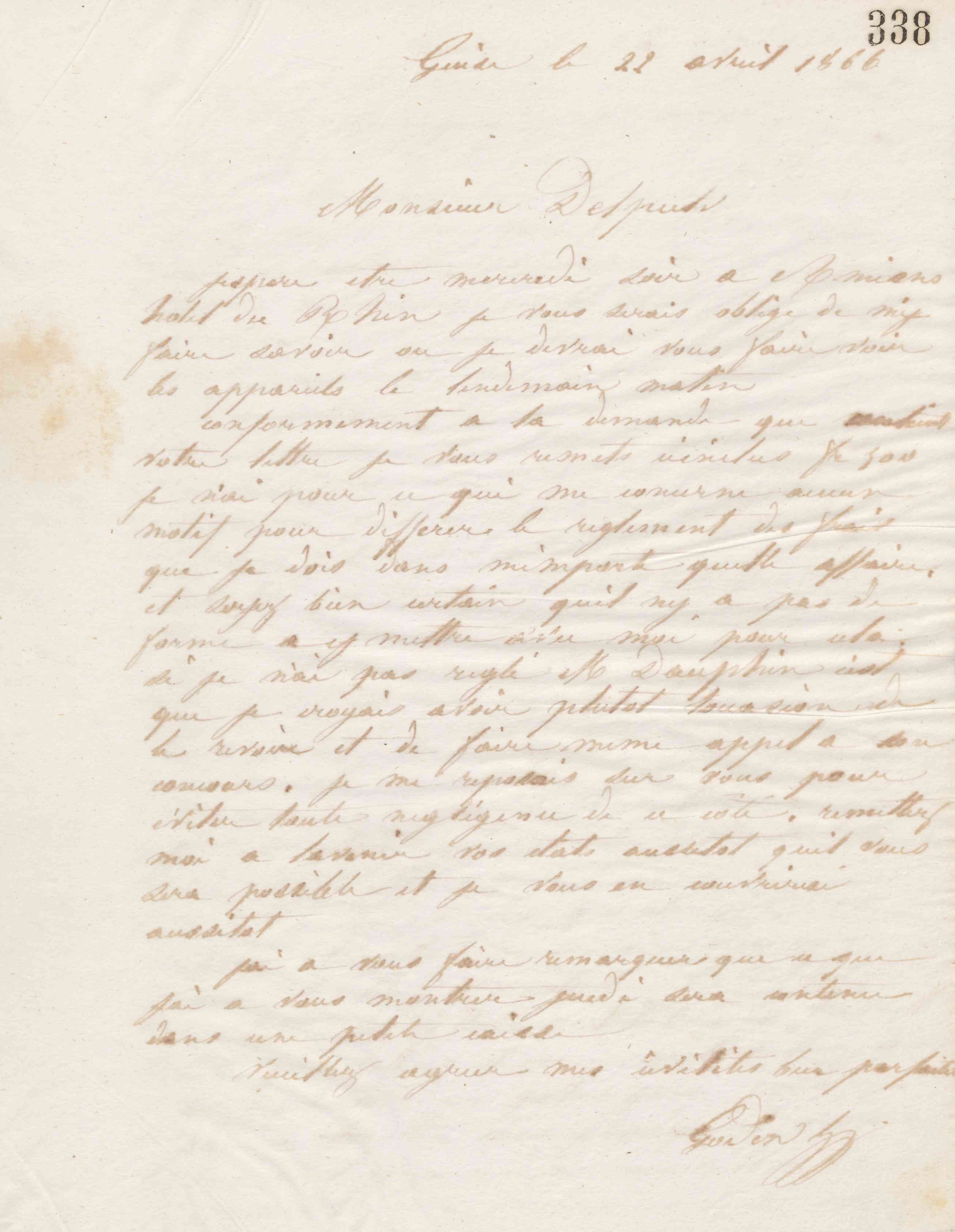 Jean-Baptiste André Godin à Alphonse Delpech, 22 avril 1866