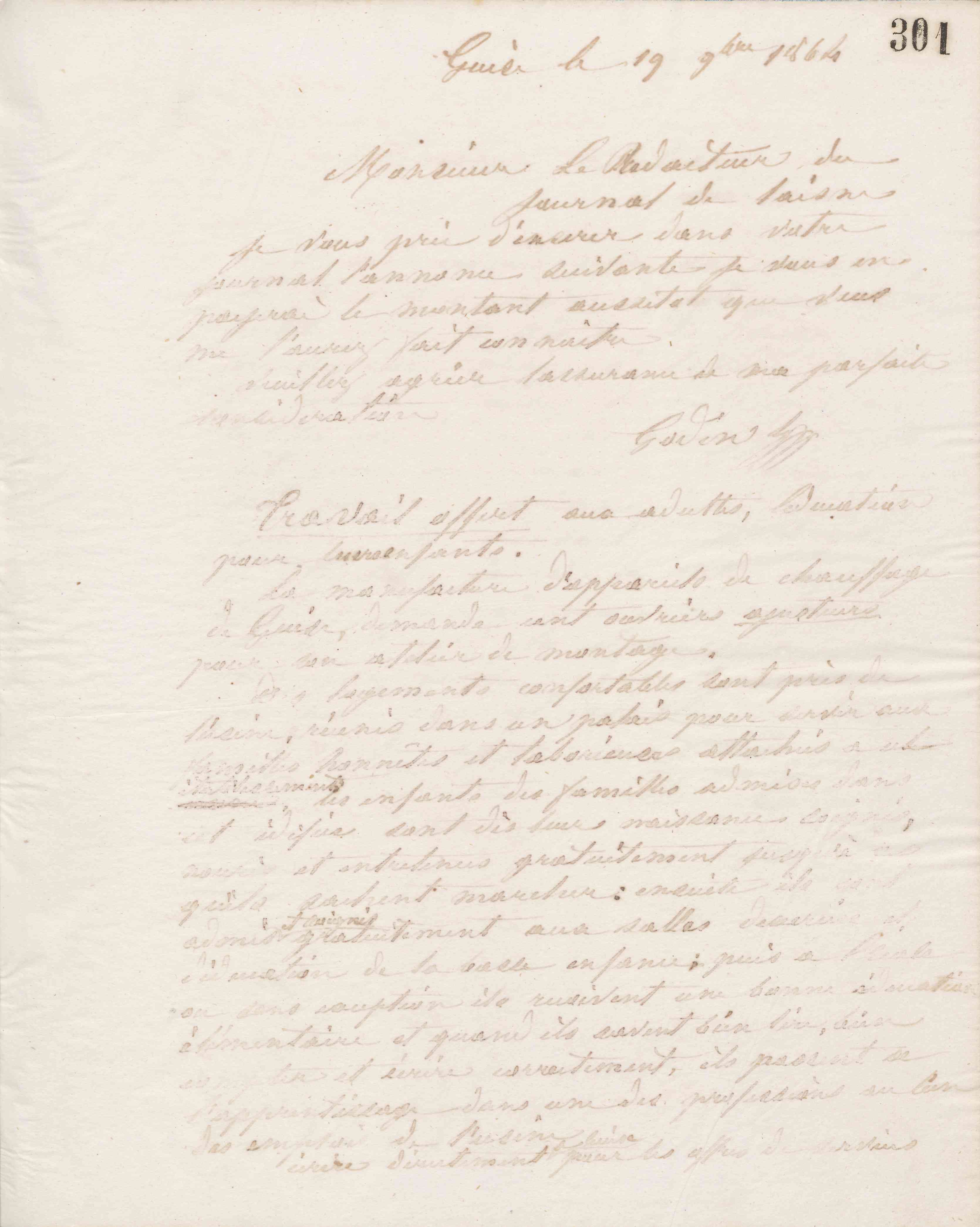 Jean-Baptiste André Godin au rédacteur du Journal de l'Aisne, 19 novembre 1864 Jean-Baptiste André Godin au rédacteur du Journal de l'Aisne, 19 novembre 1864