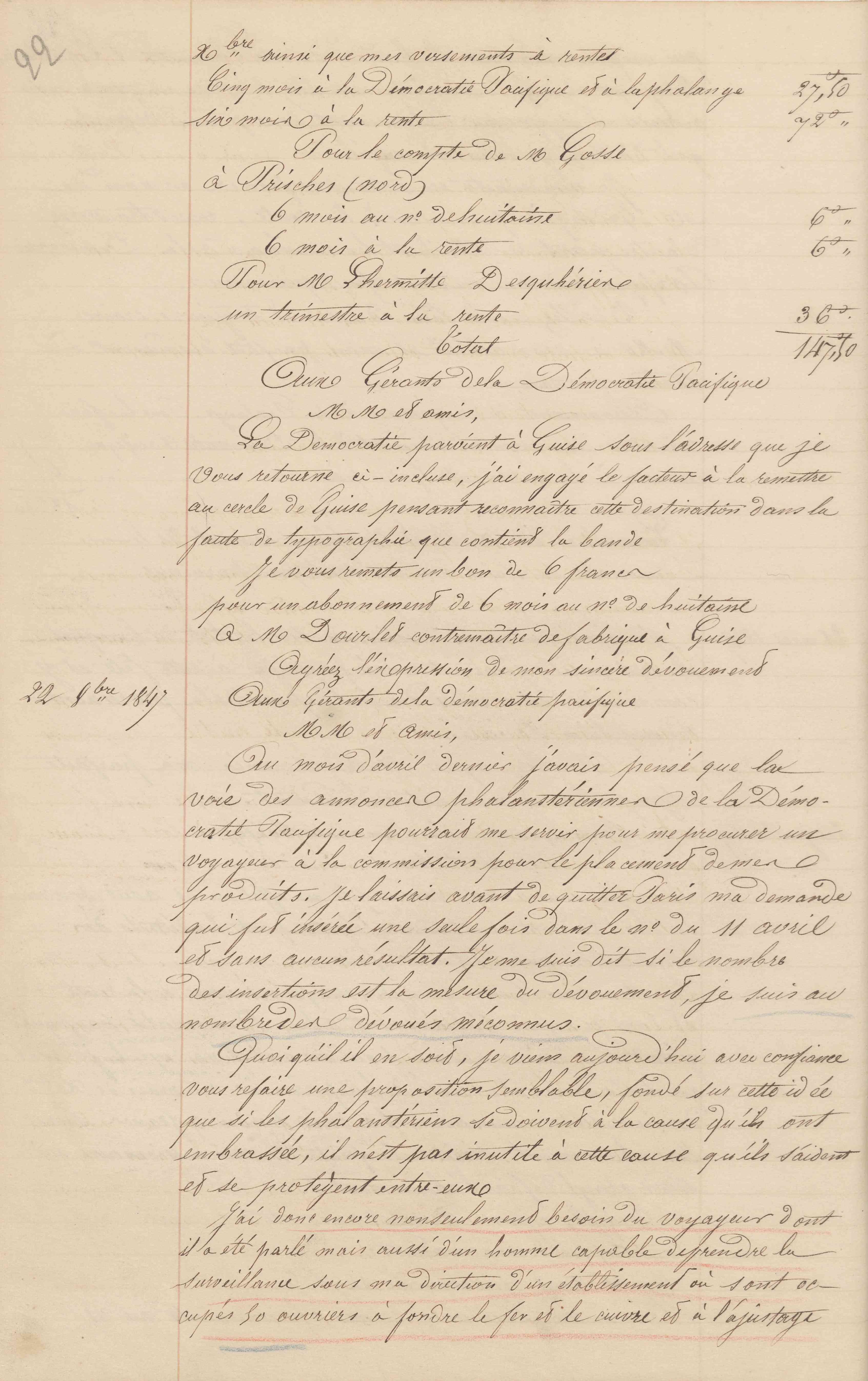 Jean-Baptiste André Godin aux gérants de La Démocratie pacifique, 24 juillet 1847