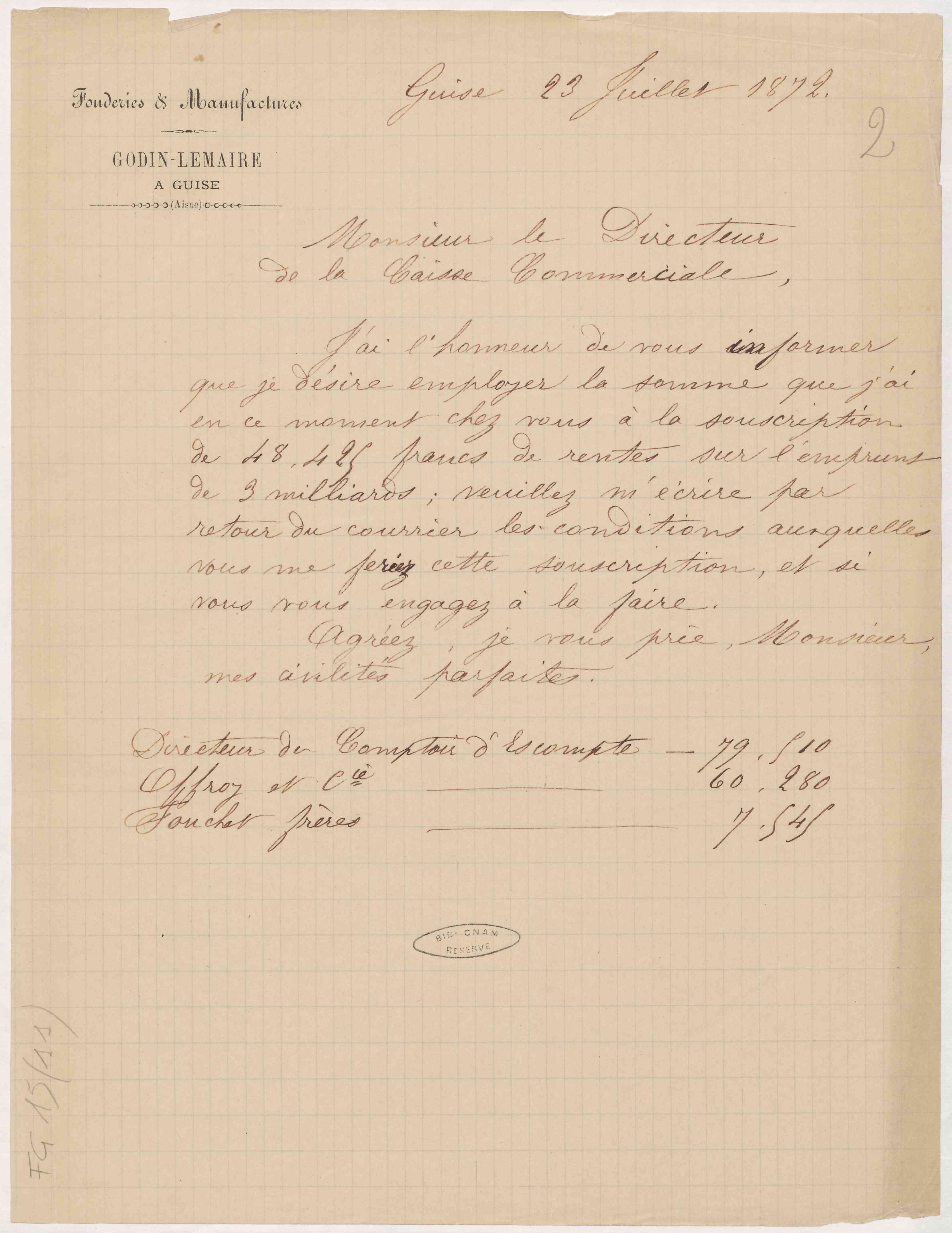 Jean-Baptiste André Godin au directeur de la Caisse commerciale, 23 juillet 1872