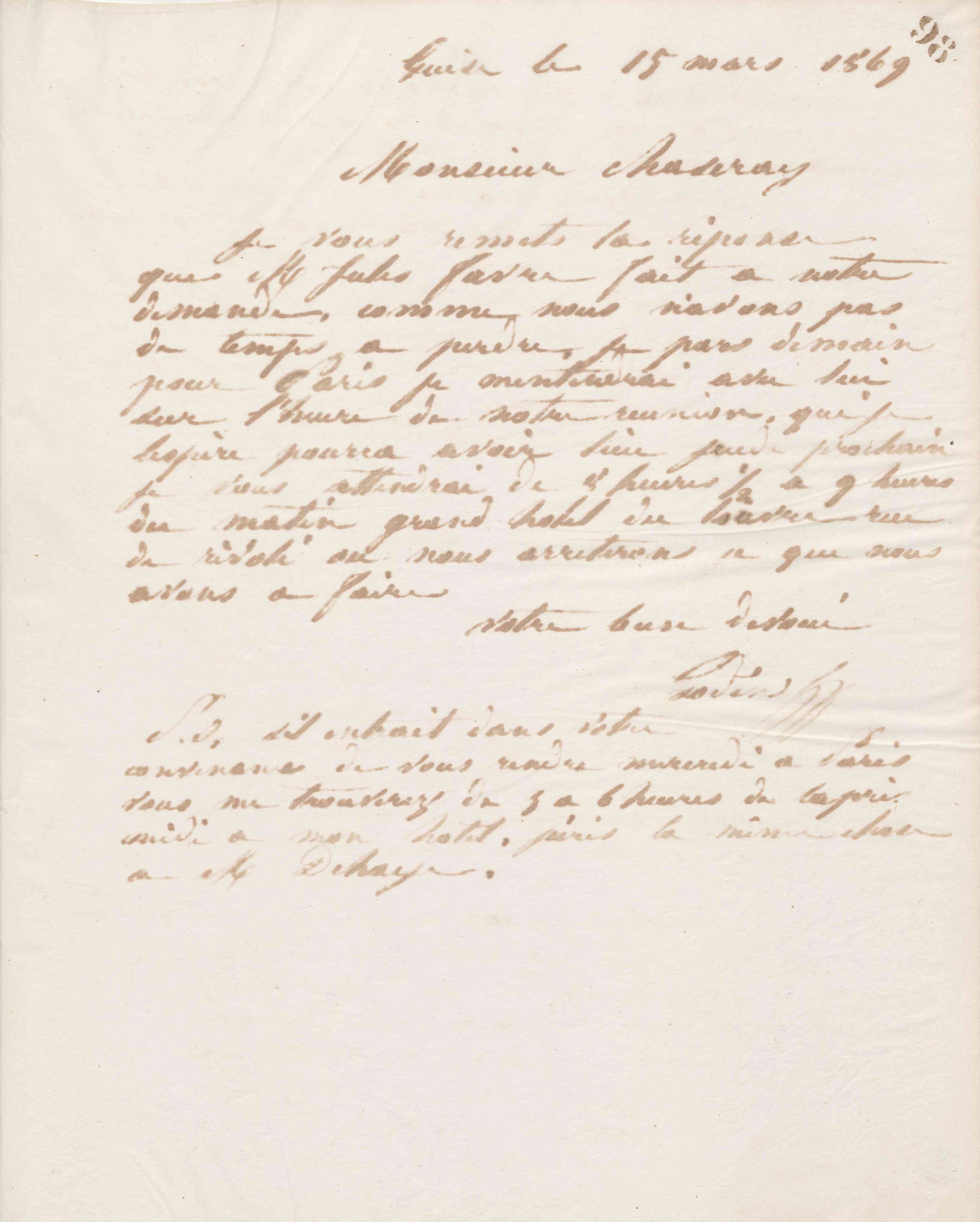 Jean-Baptiste André Godin à Alexandre Chaseray, 15 mars 1869