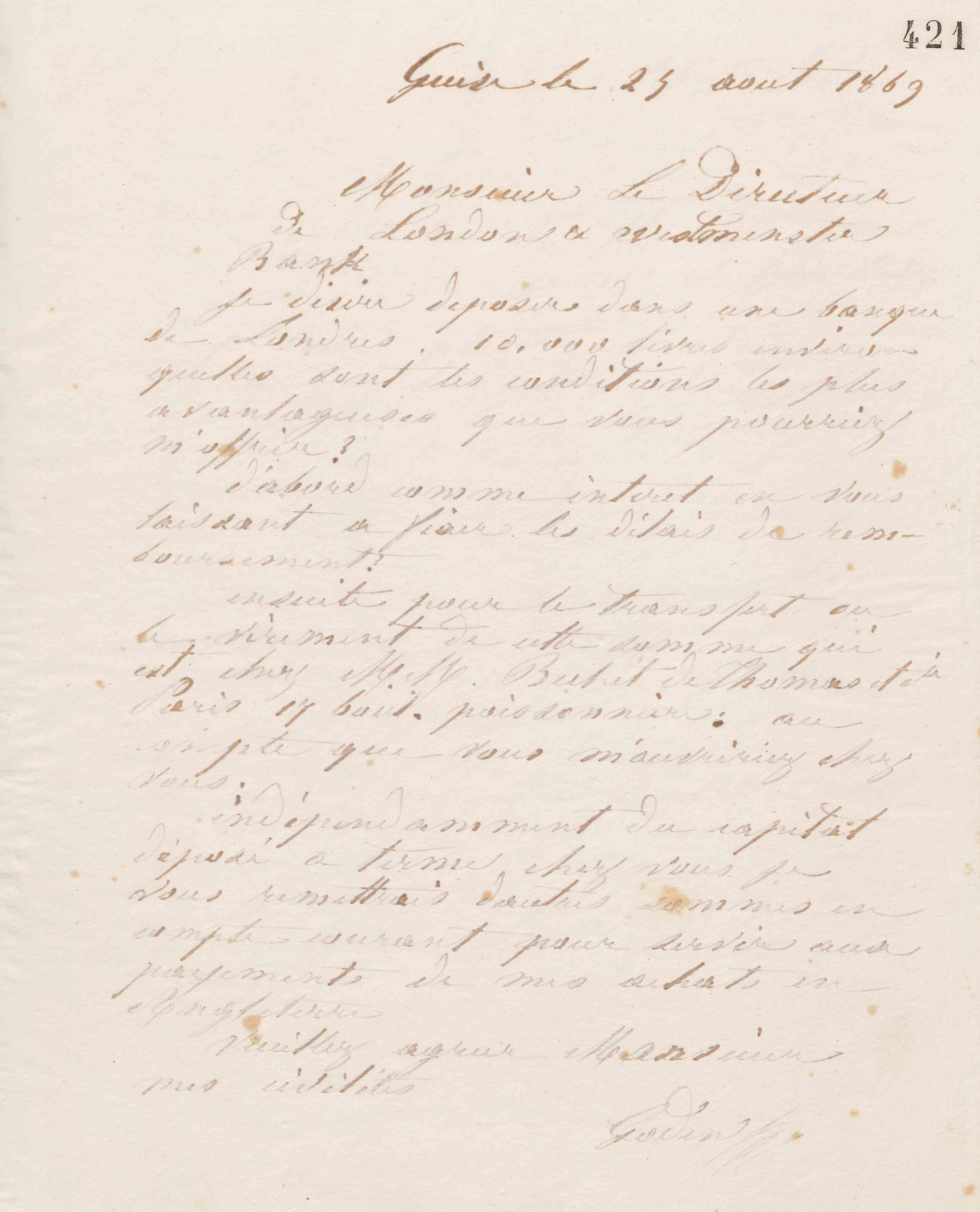Jean-Baptiste André Godin au directeur de la London and Westminster Bank, 25 août 1869