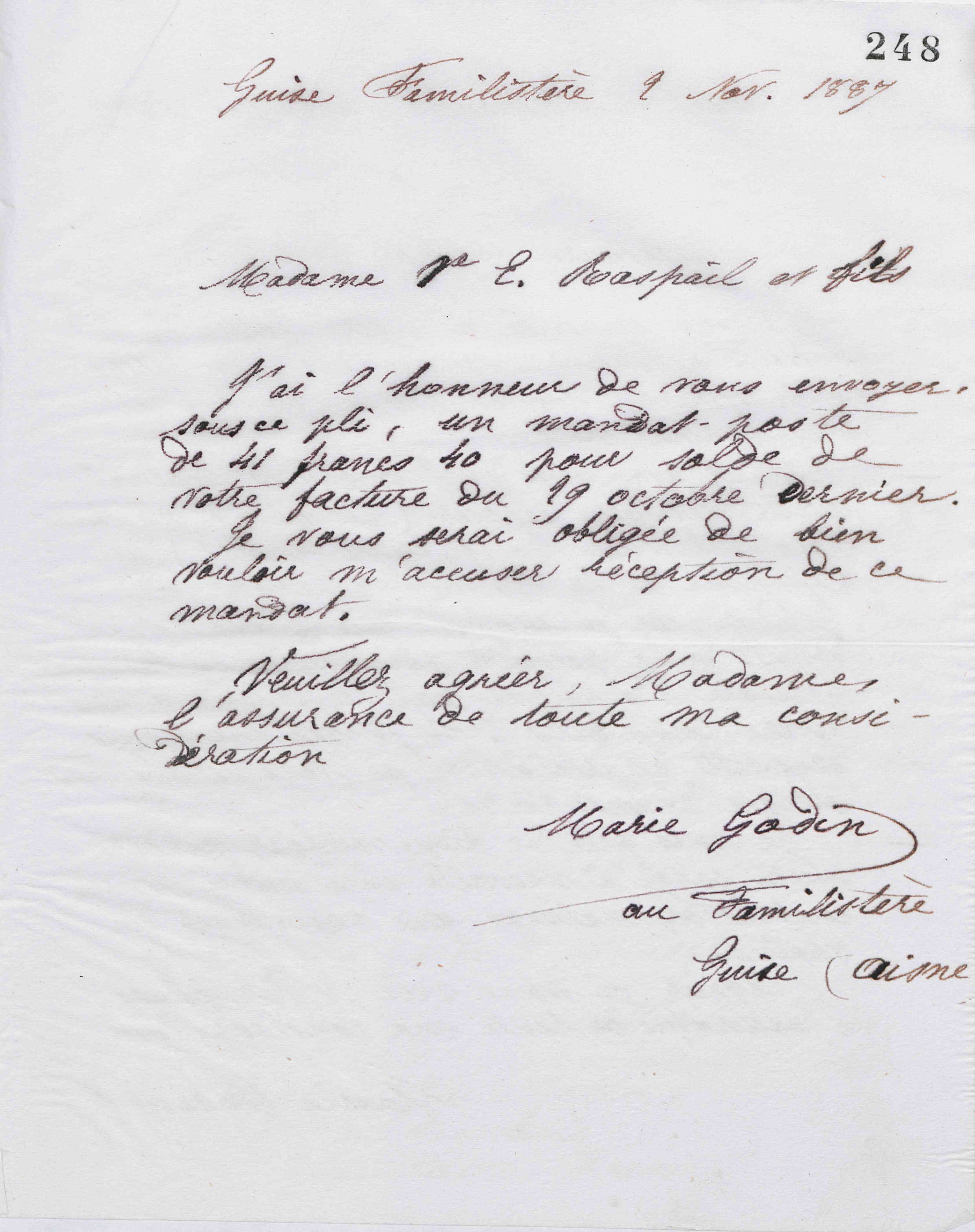 Marie Moret à E. Raspail et fils, 2 novembre 1887