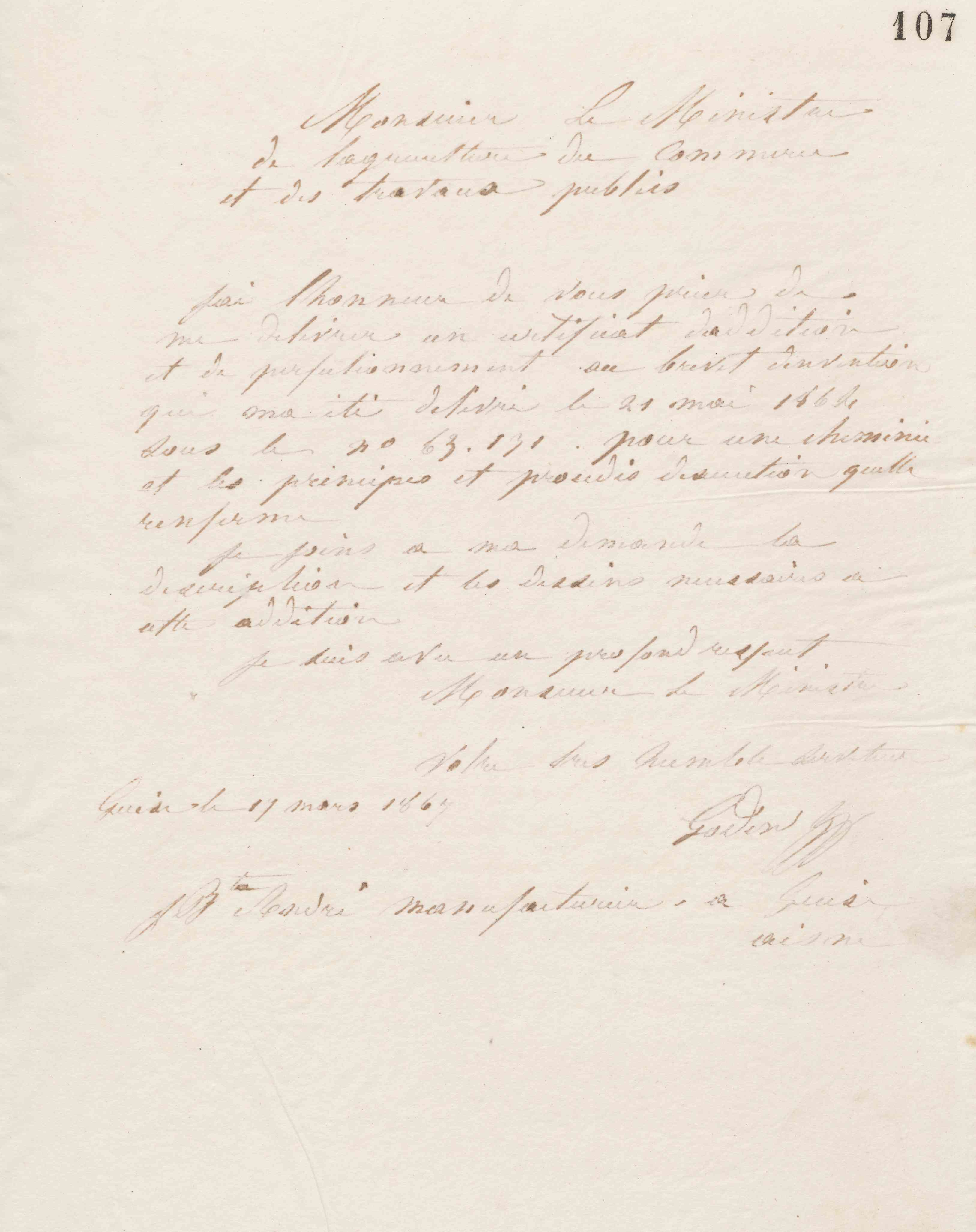 Jean-Baptiste André Godin au ministre de l'Agriculture, du Commerce et des Travaux publics, 17 mars 1867