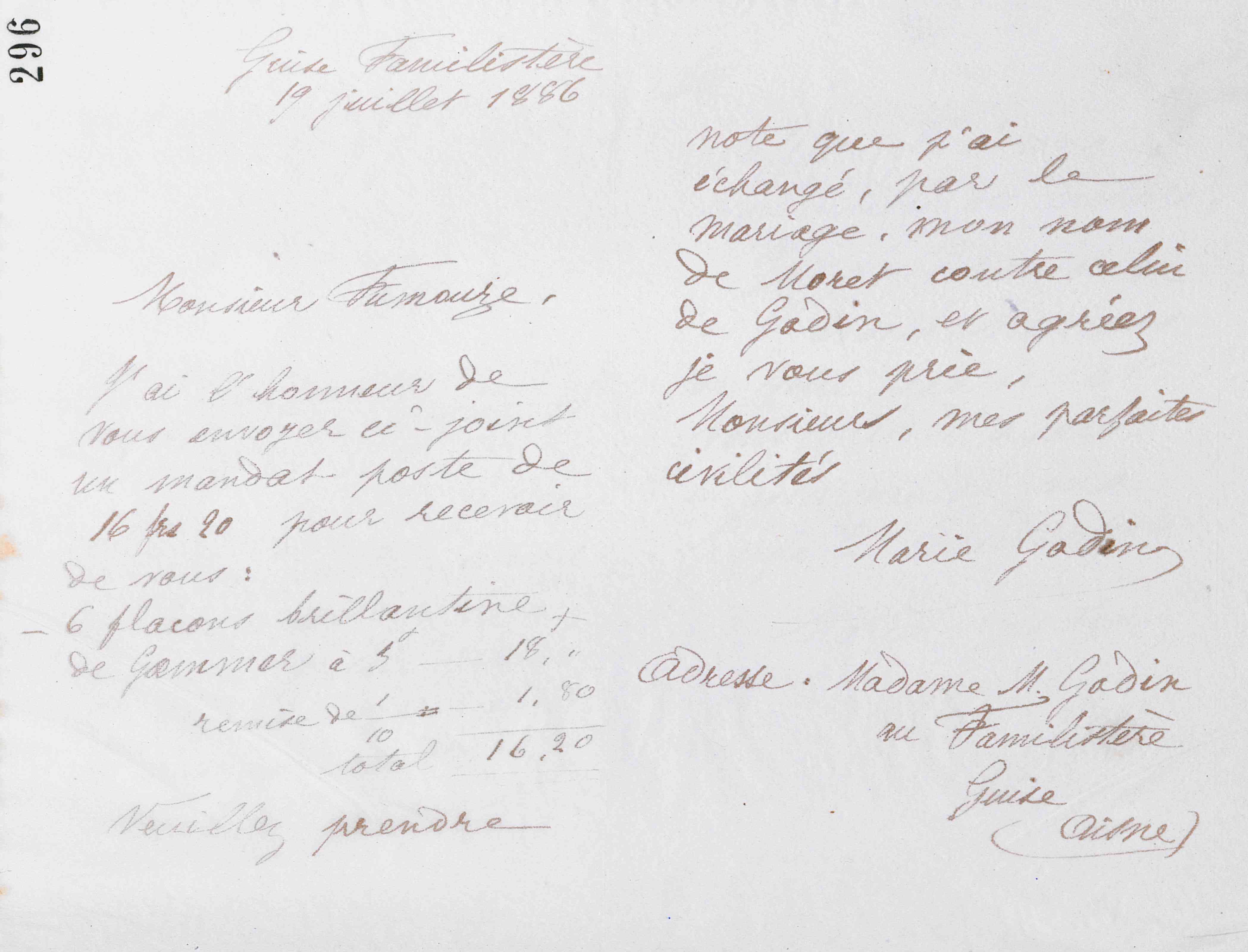 Marie Moret à Fumouze frères, 19 juillet 1886 Marie Moret à Fumouze frères, 19 juillet 1886