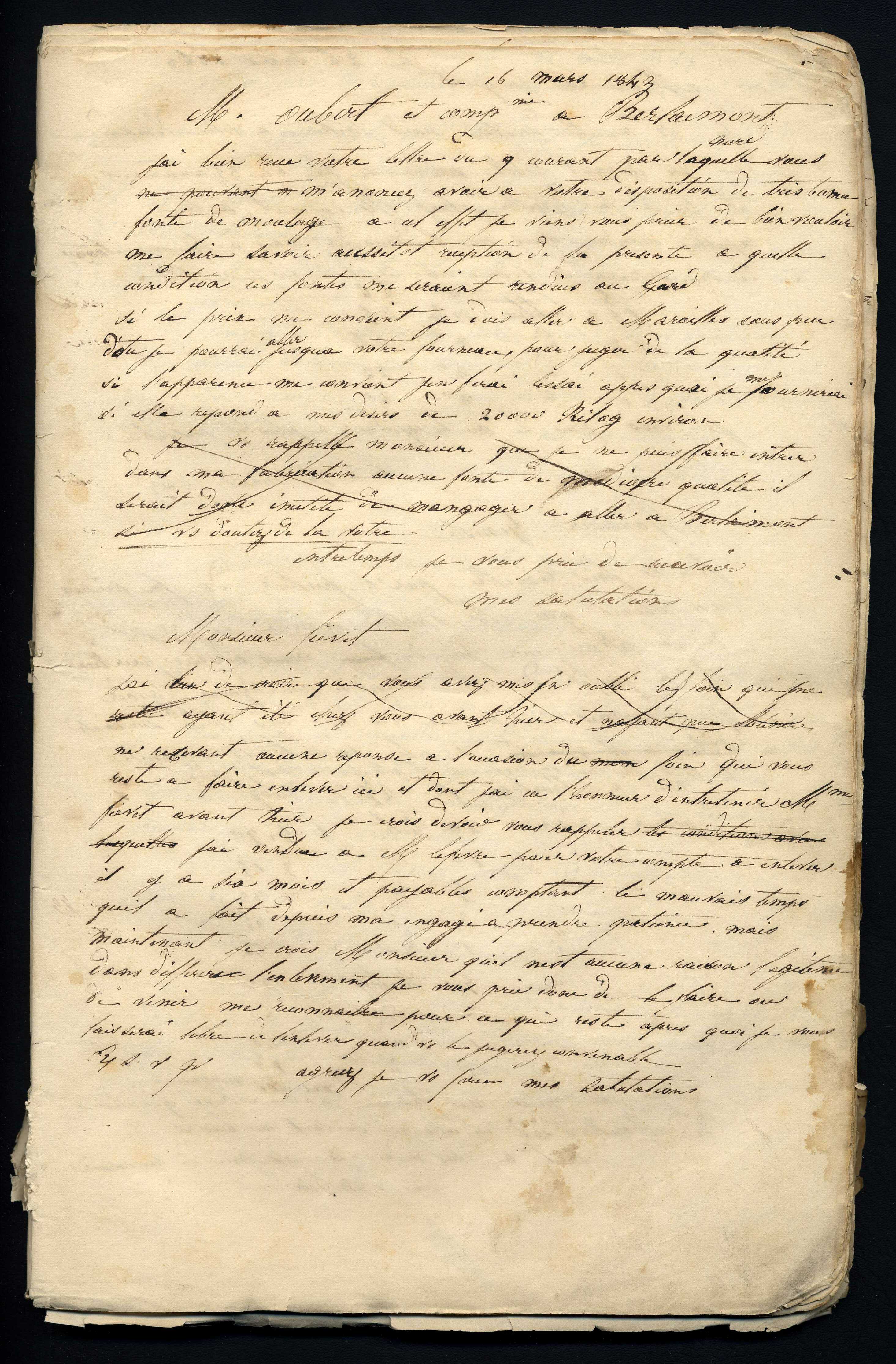 Jean-Baptiste André Godin à Oubert et Cie, 16 mars 1843 Jean-Baptiste André Godin à Oubert et Cie, 16 mars 1843