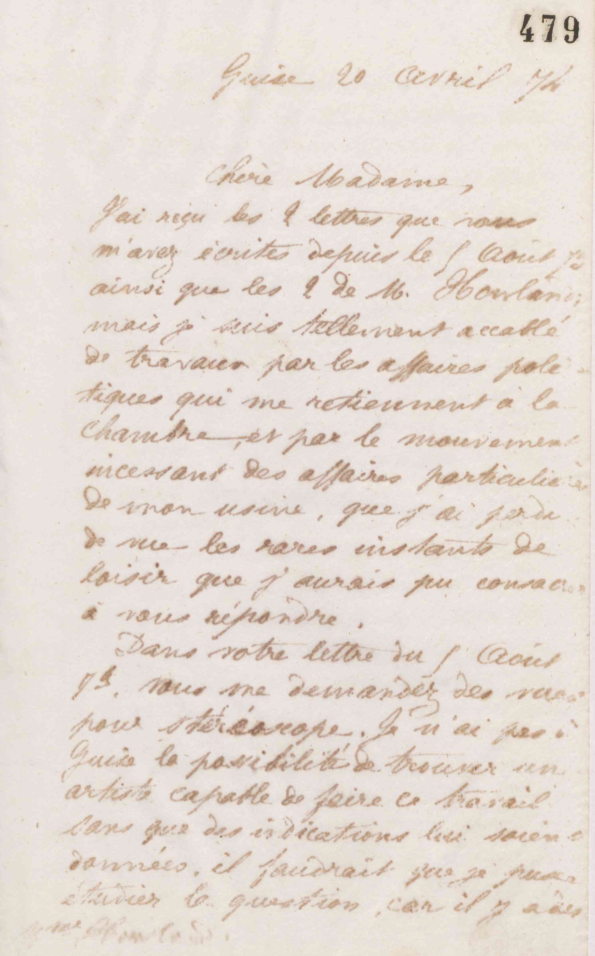 Jean-Baptiste André Godin à Marie Howland, 20 avril 1874