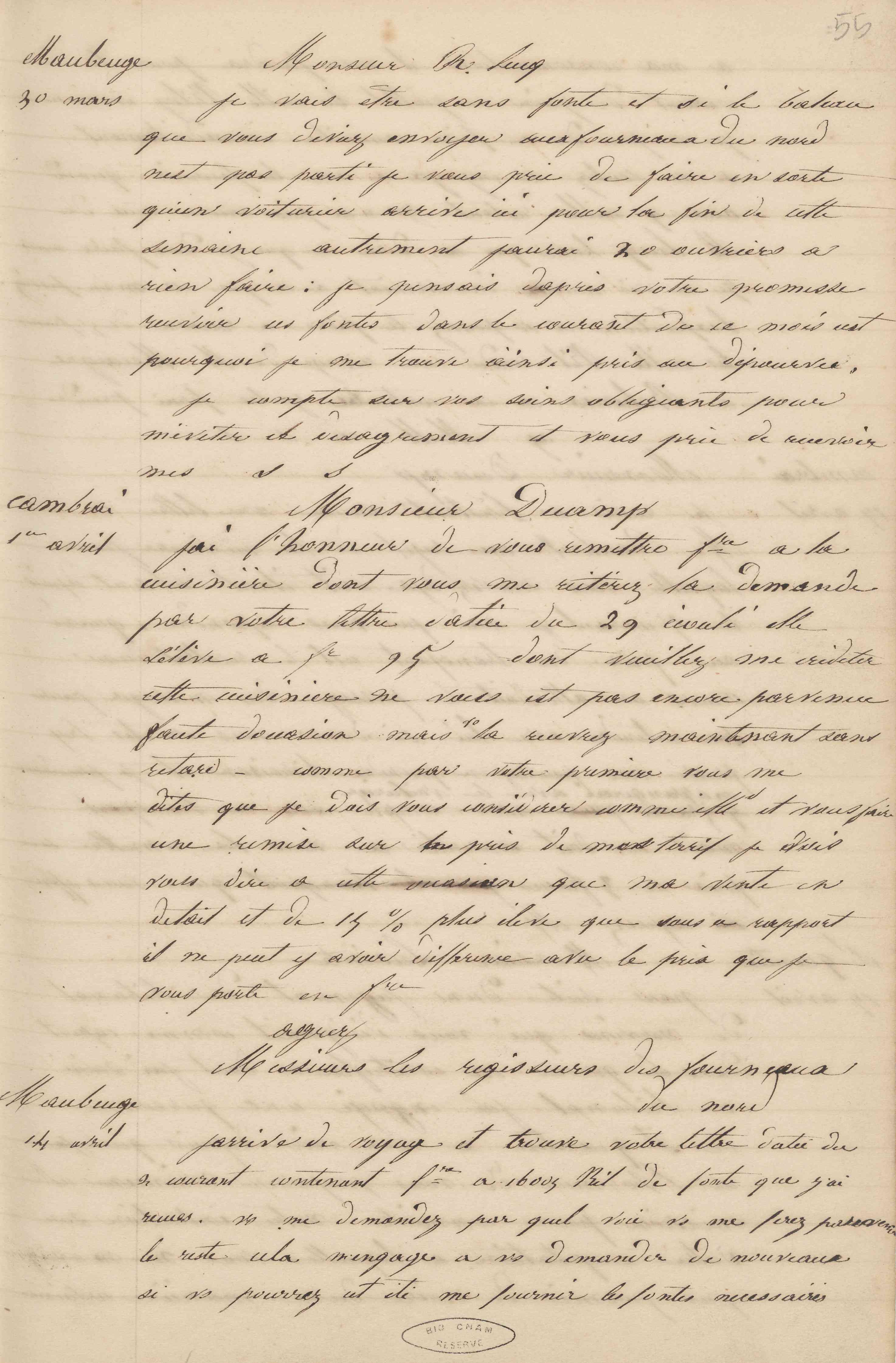 Jean-Baptiste André Godin à monsieur Lucq, 30 mars 1847 Jean-Baptiste André Godin à monsieur Lucq, 30 mars 1847