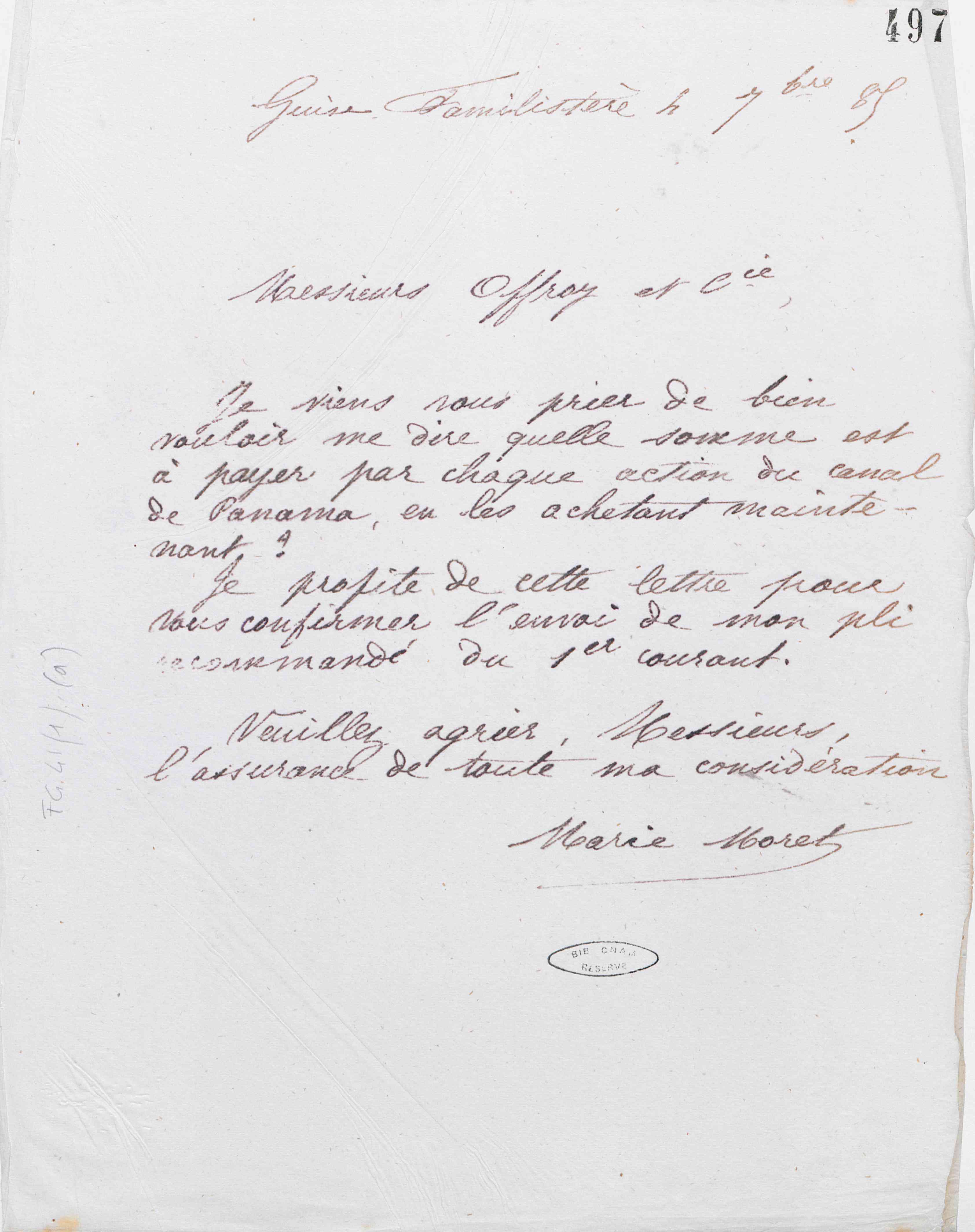 Marie Moret à Offroy et Cie, 4 septembre 1885