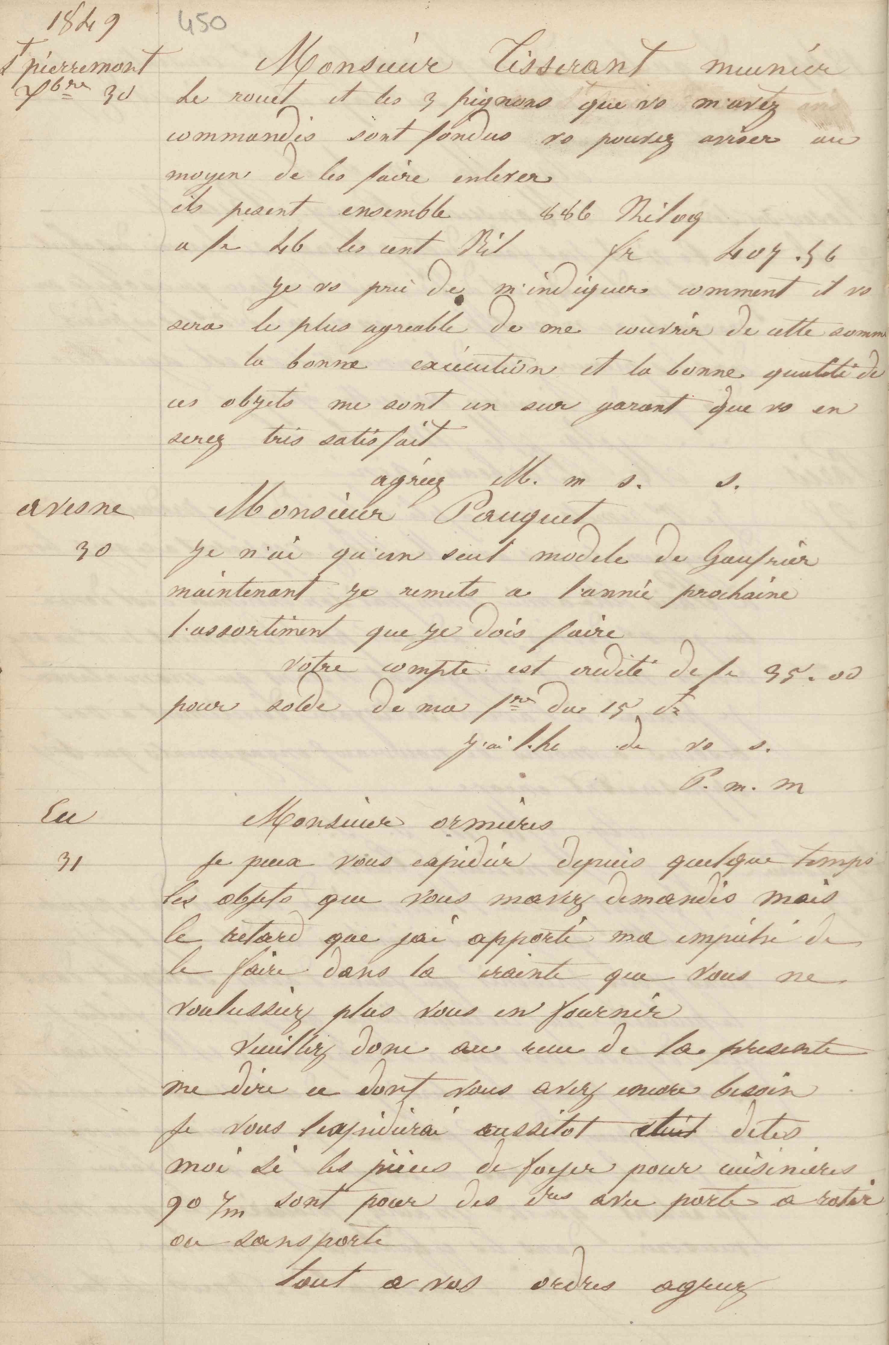 Jean-Baptiste André Godin à monsieur Pauquet, 30 [décembre 1849]