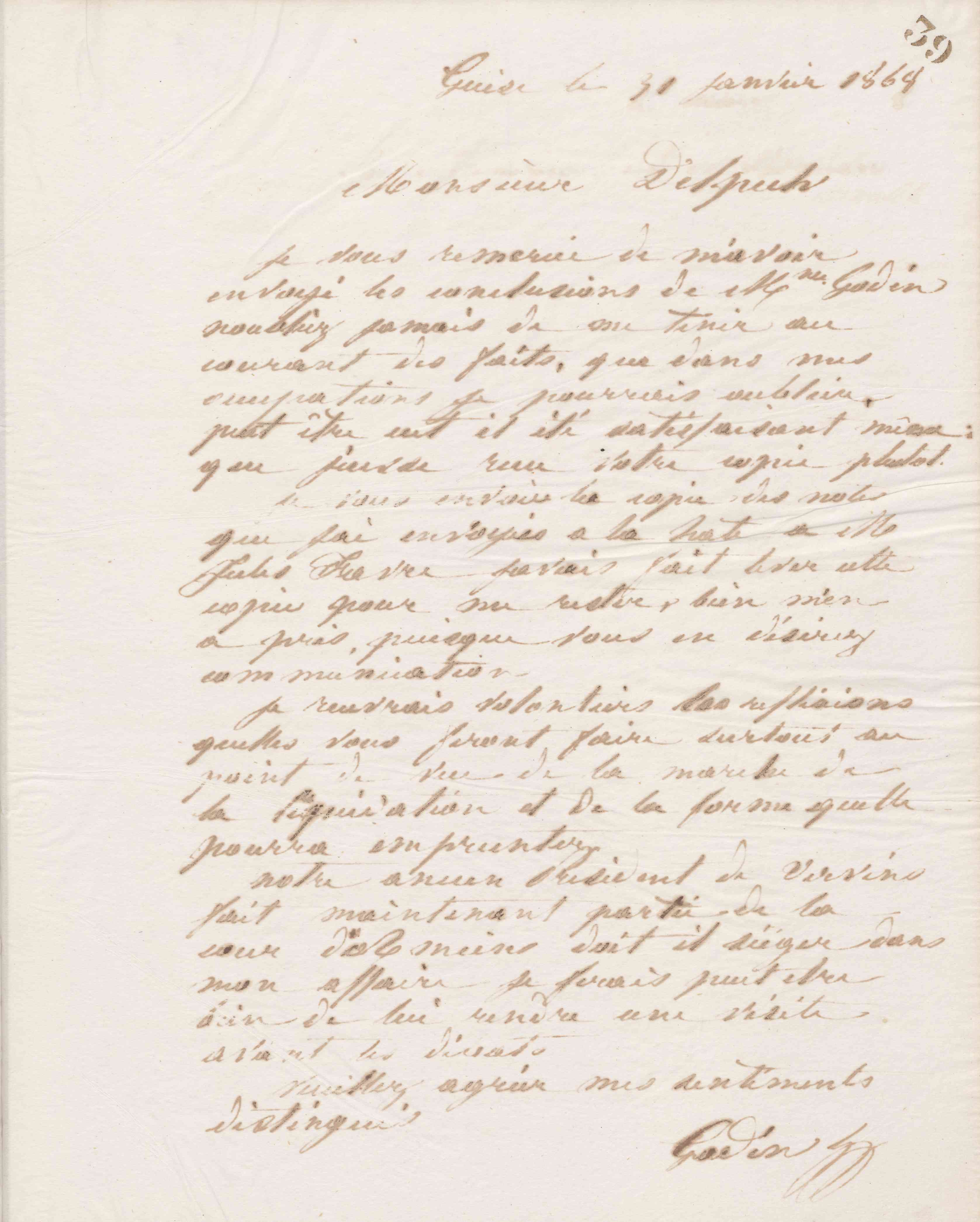 Jean-Baptiste André Godin à Alphonse Delpech, 31 janvier 1868