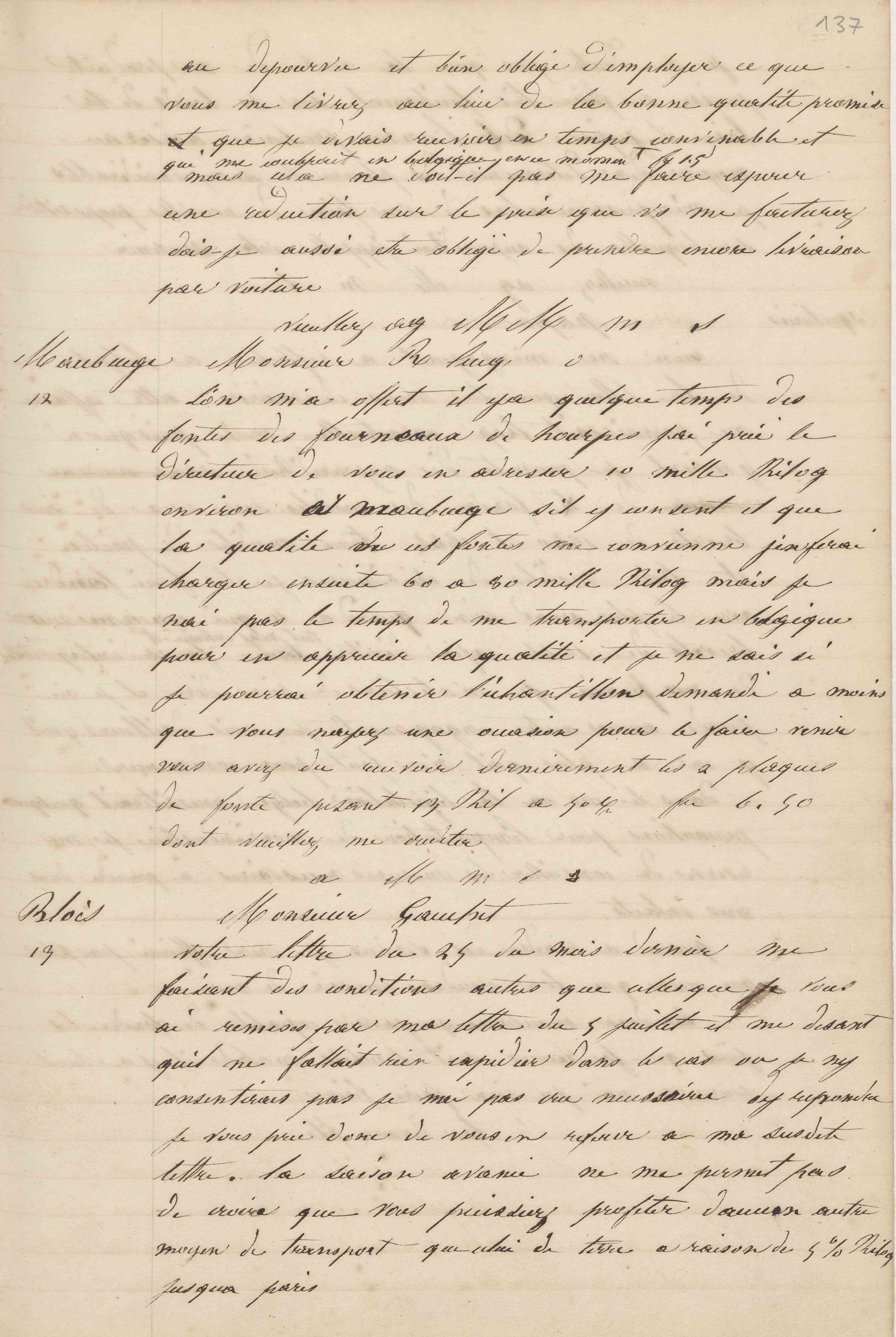 Jean-Baptiste André Godin à monsieur Gauchet, 13 novembre 1847