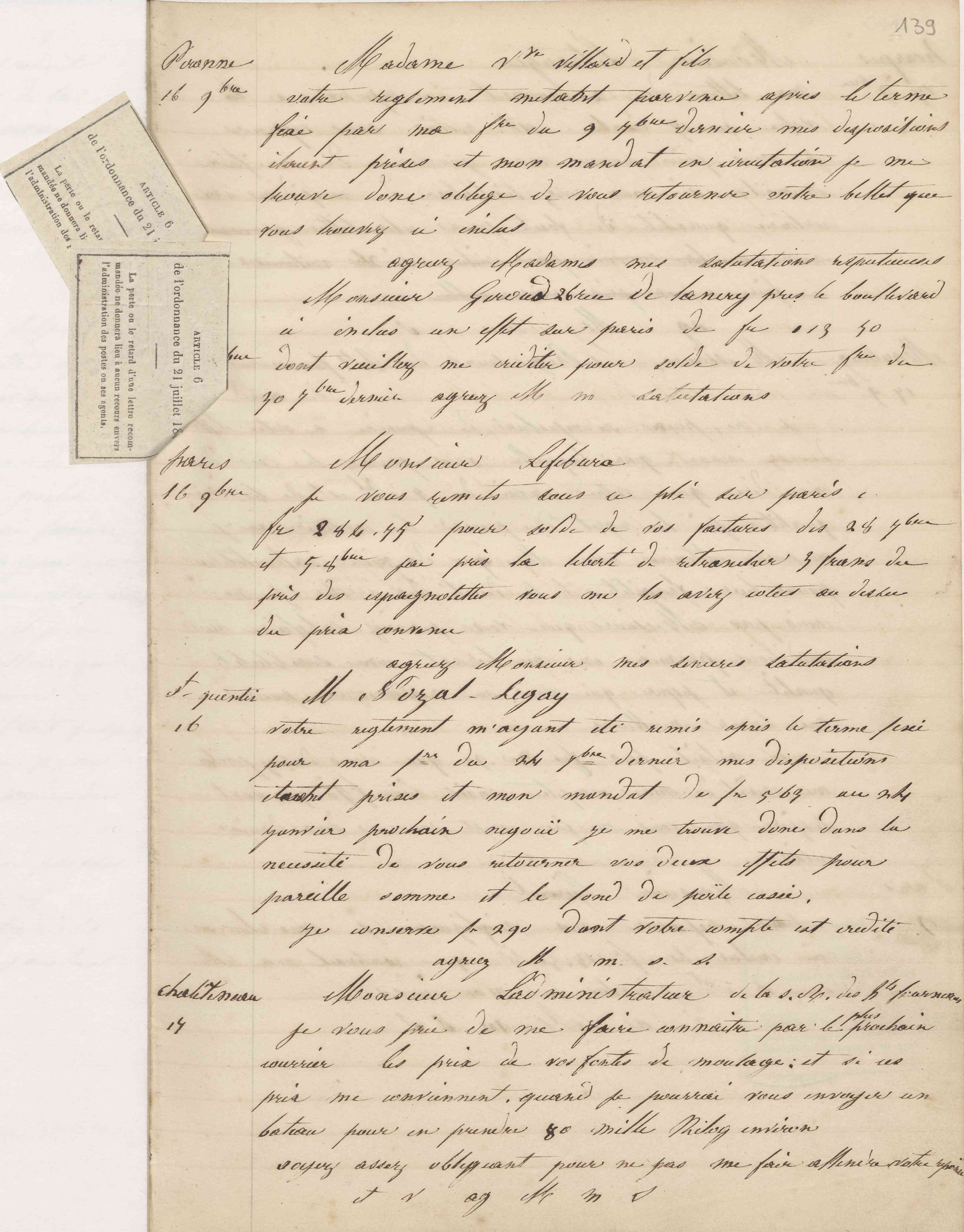 Jean-Baptiste André Godin à l'administrateur de la Société anonyme des hauts-fourneaux, usines et charbonnages de Châtelineau, 17 novembre 1847