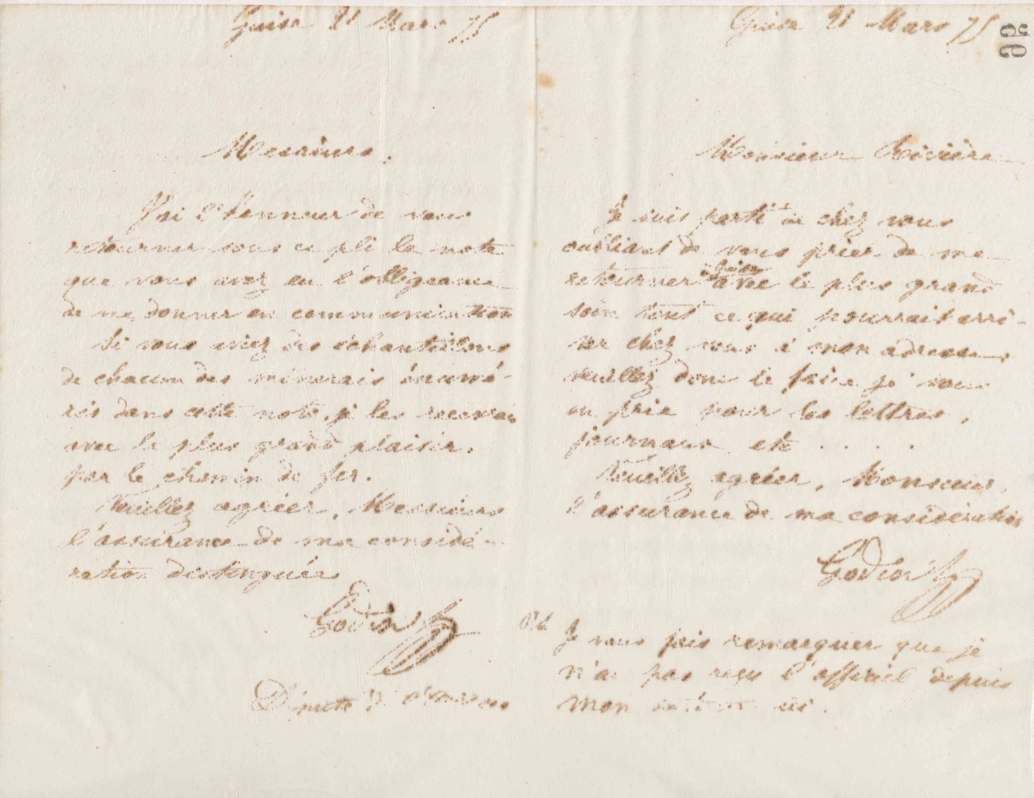 Jean-Baptiste André Godin à messieurs A. Hainque et P. Vaugeois, 21 mars 1875 Jean-Baptiste André Godin à messieurs A. Hainque et P. Vaugeois, 21 mars 1875