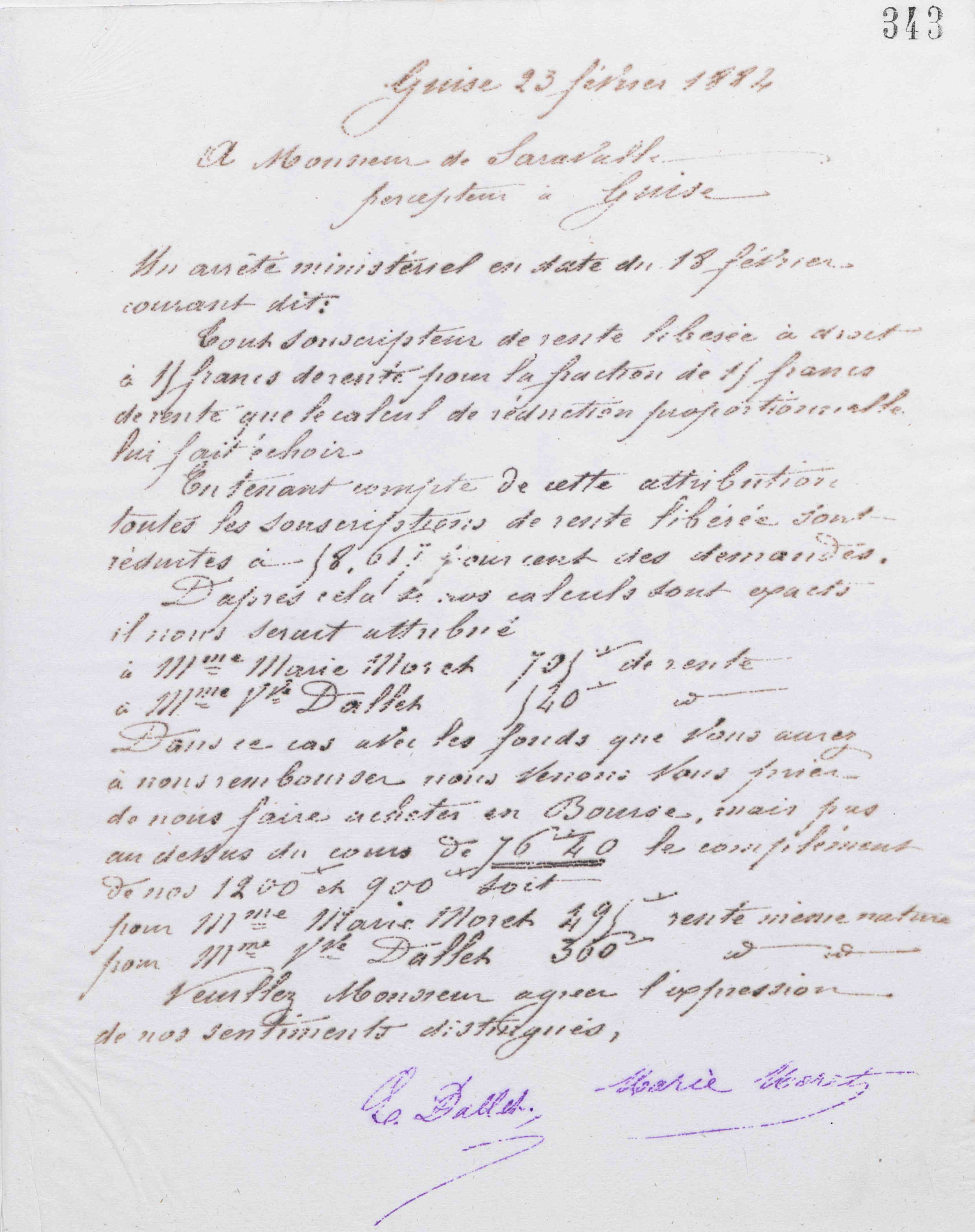 Marie Moret et Émilie Dallet à monsieur de Saravalle, 23 février 1884 Marie Moret et Émilie Dallet à monsieur de Saravalle, 23 février 1884