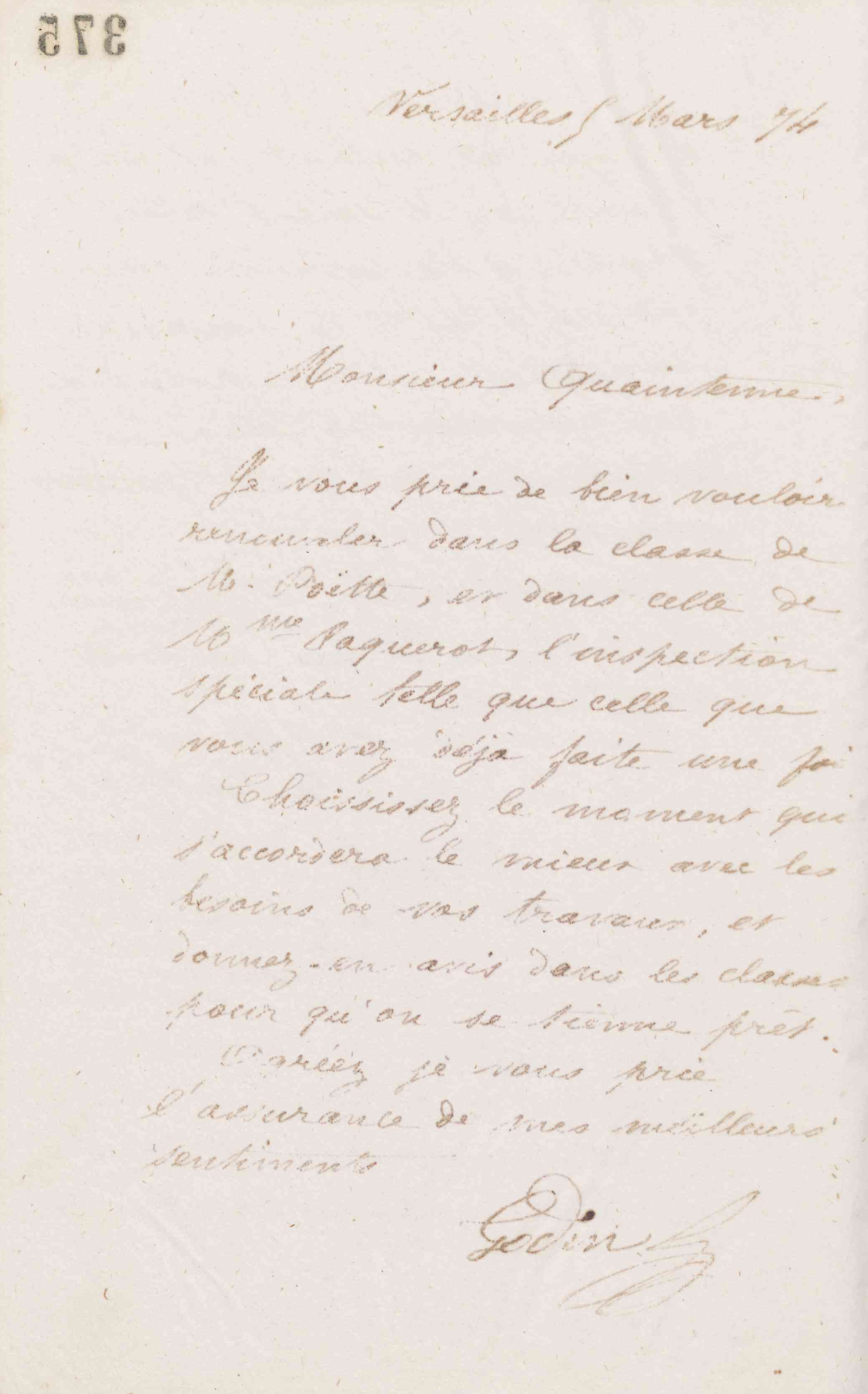 Jean-Baptiste André Godin à Étienne Louis Joseph Quaintenne, 5 mars 1874