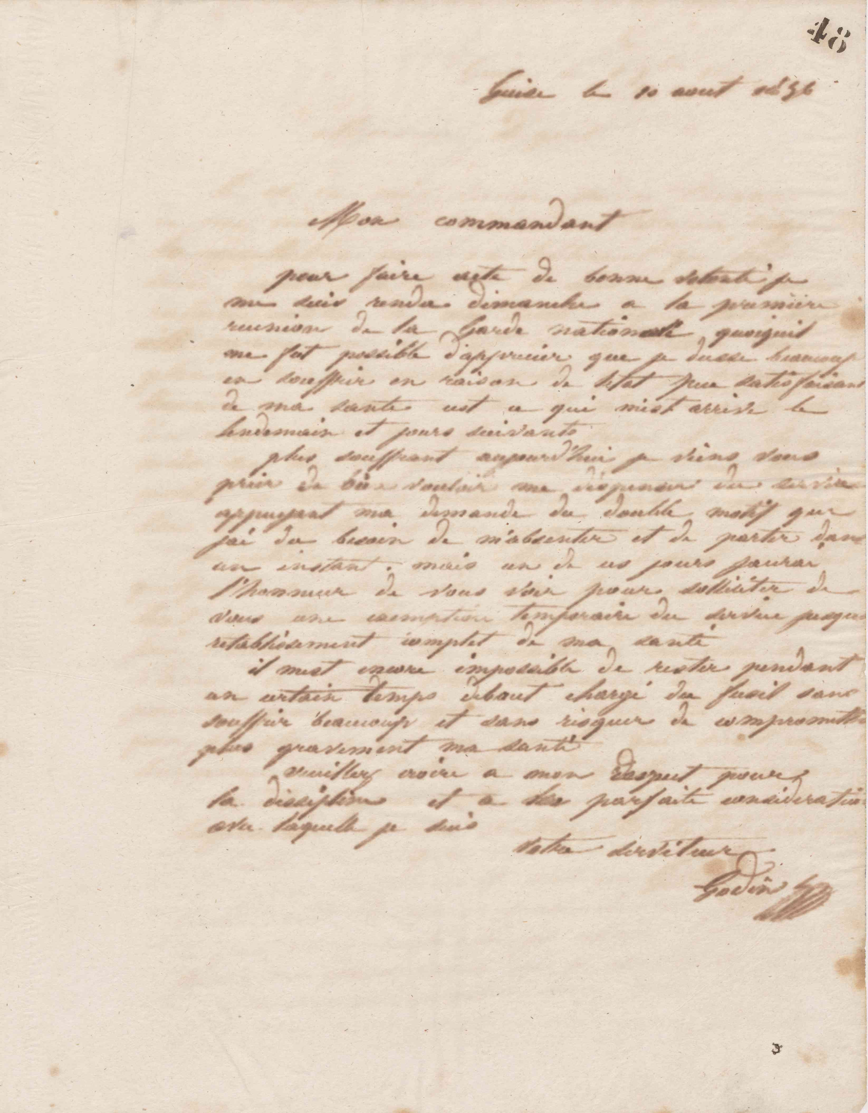 Jean-Baptiste André Godin au commandant de la Garde nationale à Guise, 10 août 1856
