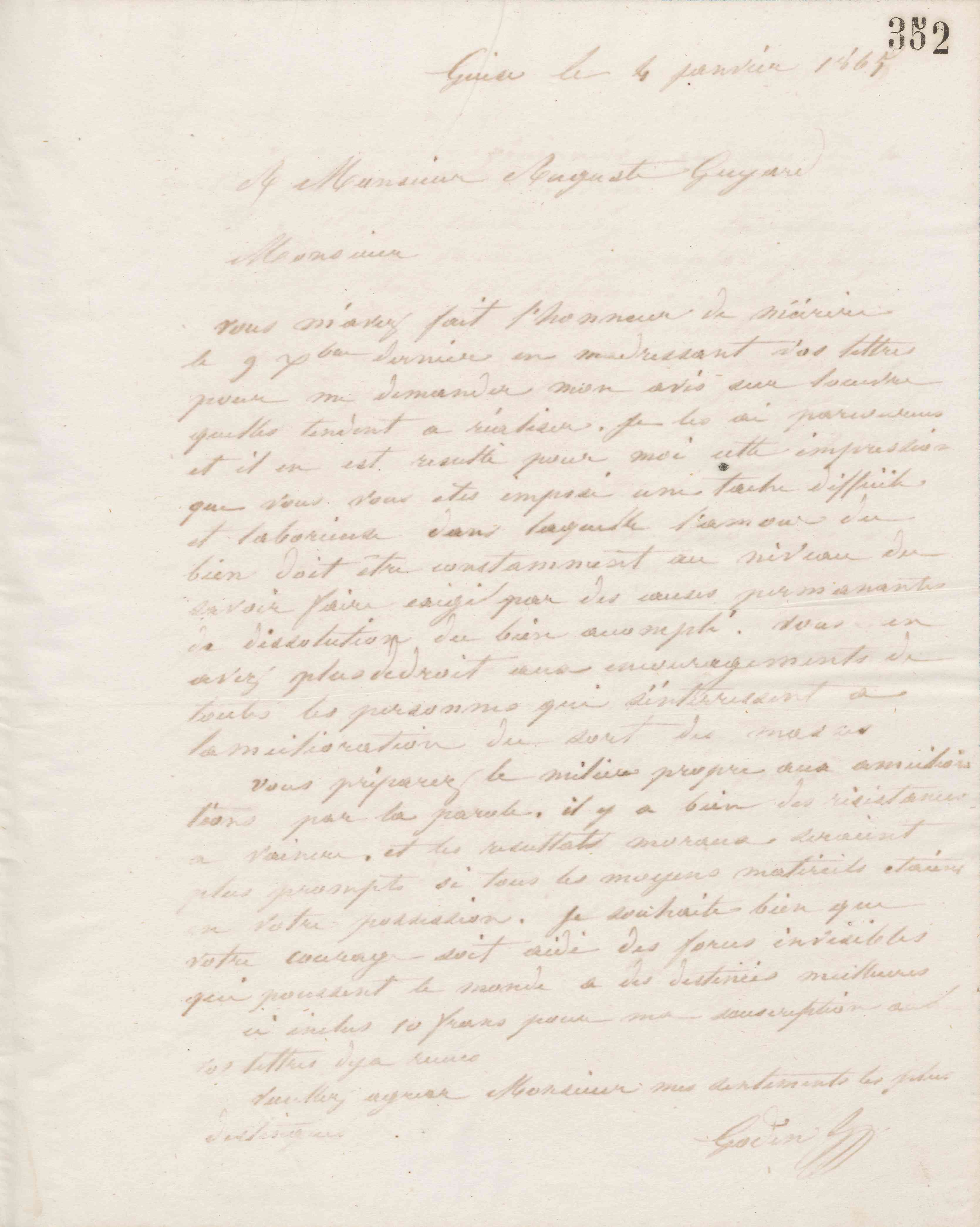 Jean-Baptiste André Godin à Auguste Guyard, 4 janvier 1865