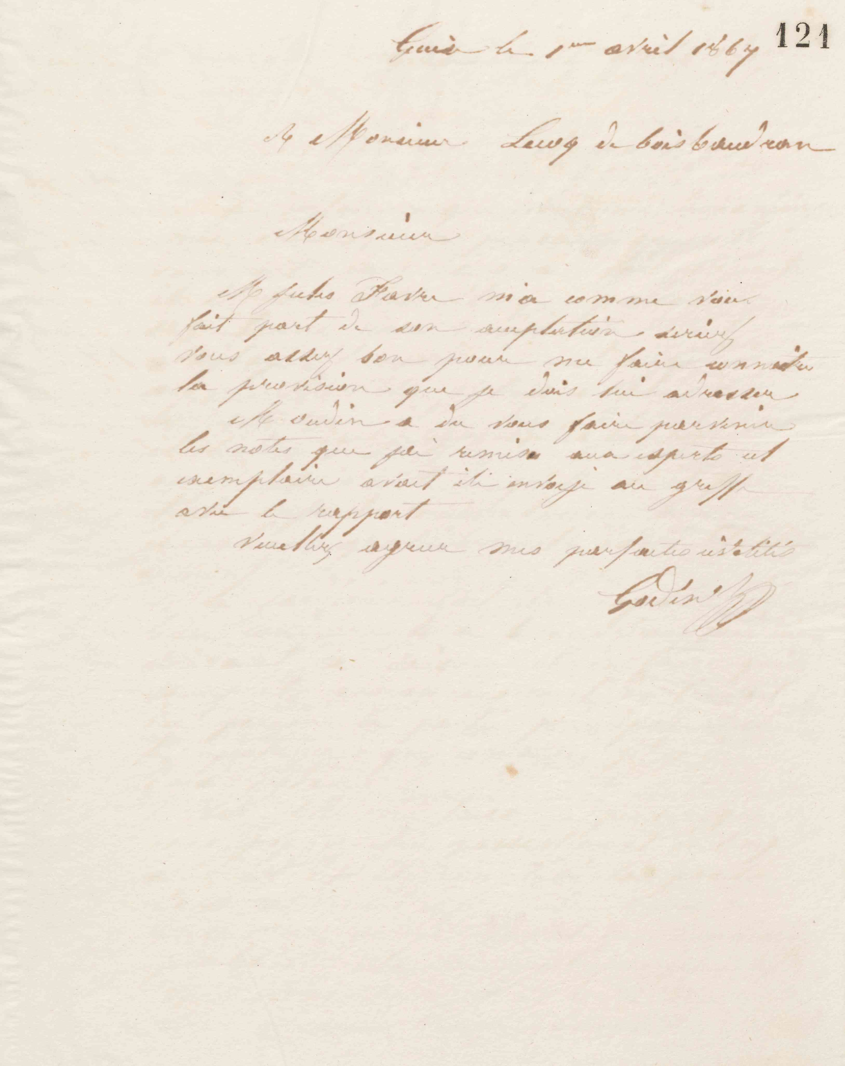 Jean-Baptiste André Godin à André Lecoq de Boisbaudran, 1er avril 1867