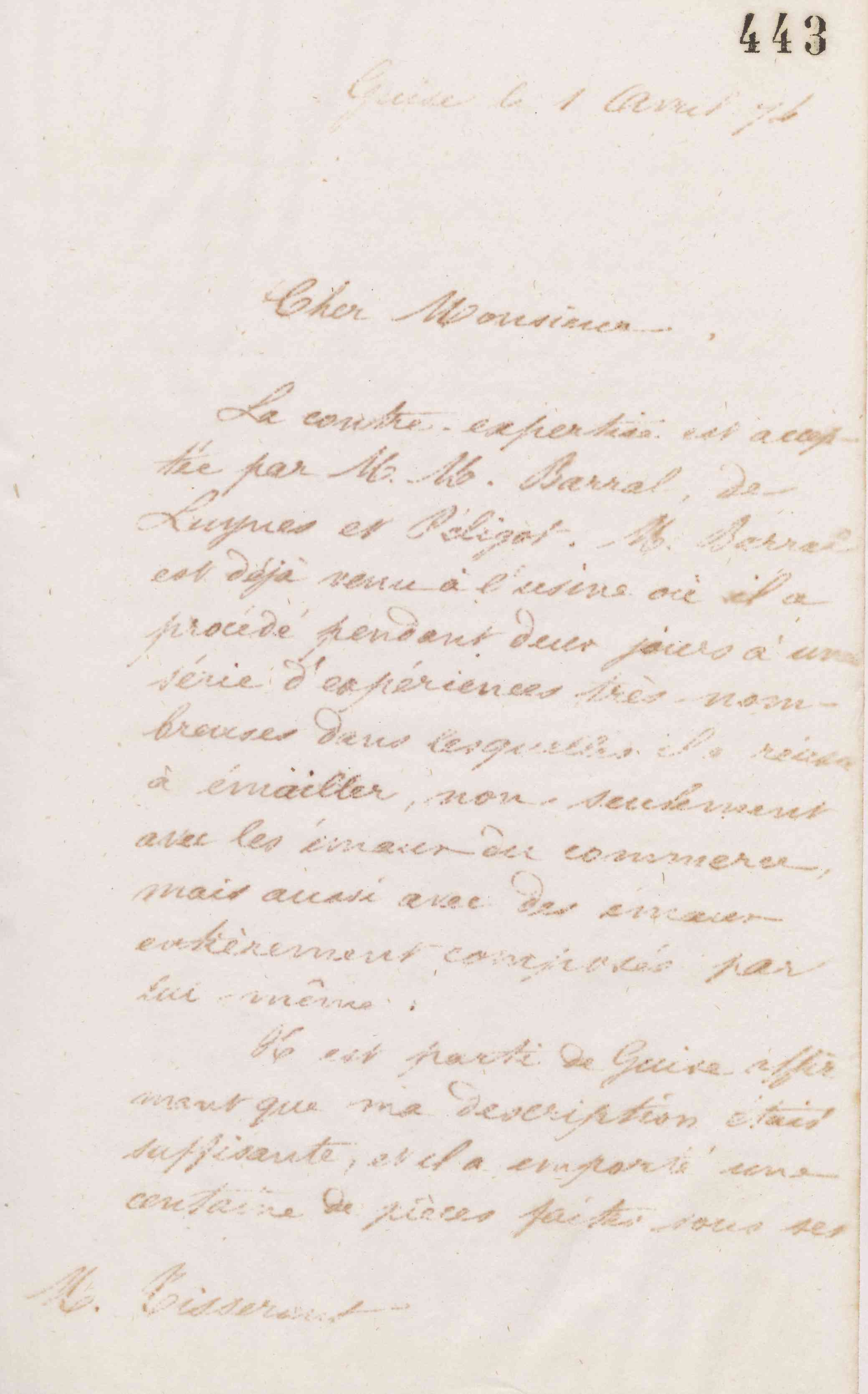 Jean-Baptiste André Godin à Alexandre Tisserant, 1er avril 1874